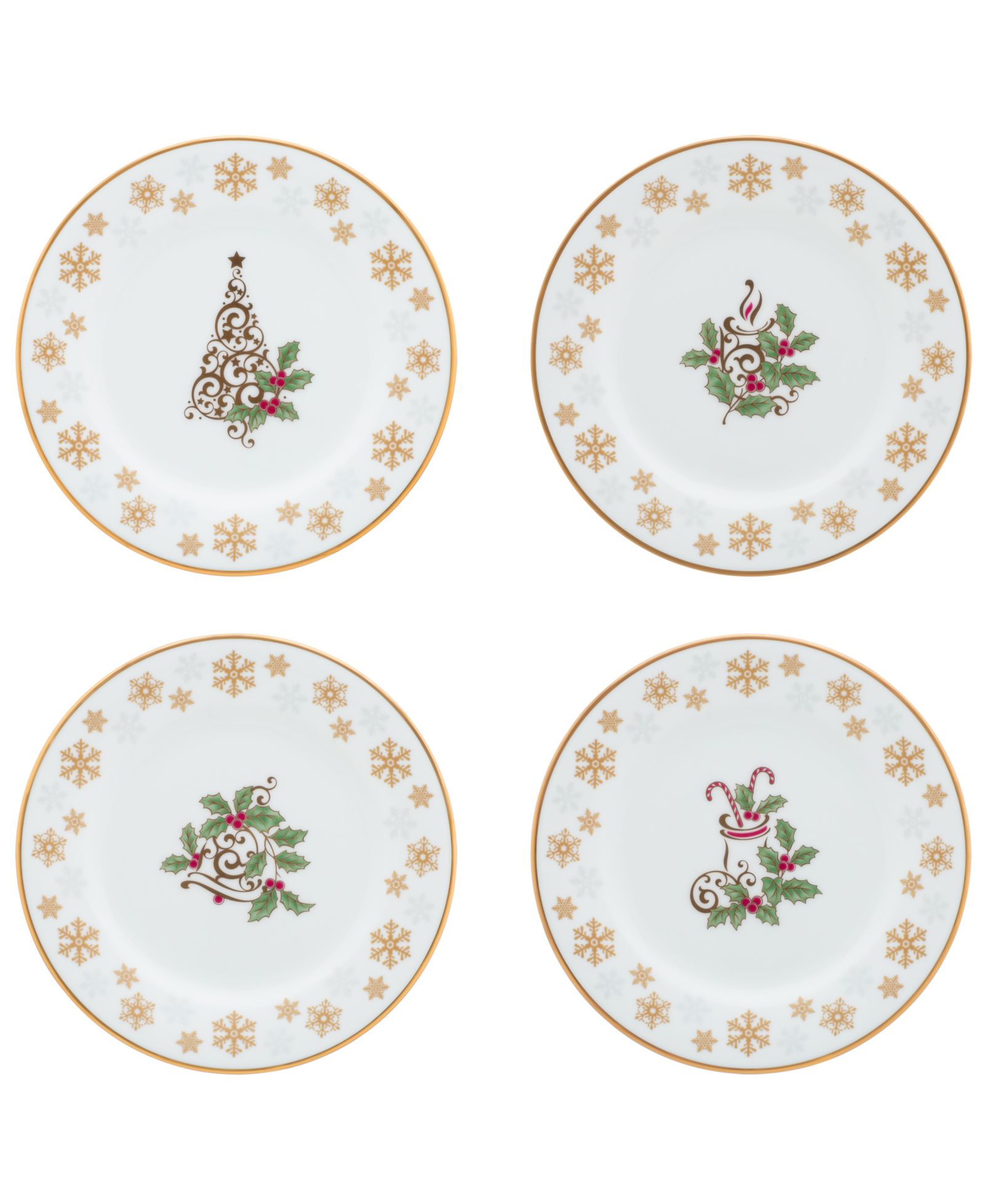 Noritake Holly & Berry Gold Set of 4 Holiday Assorted Appetizer Plates, 6.25"