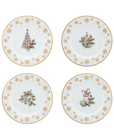 Noritake Holly & Berry Gold Set of 4 Holiday Assorted Appetizer Plates, 6.25"