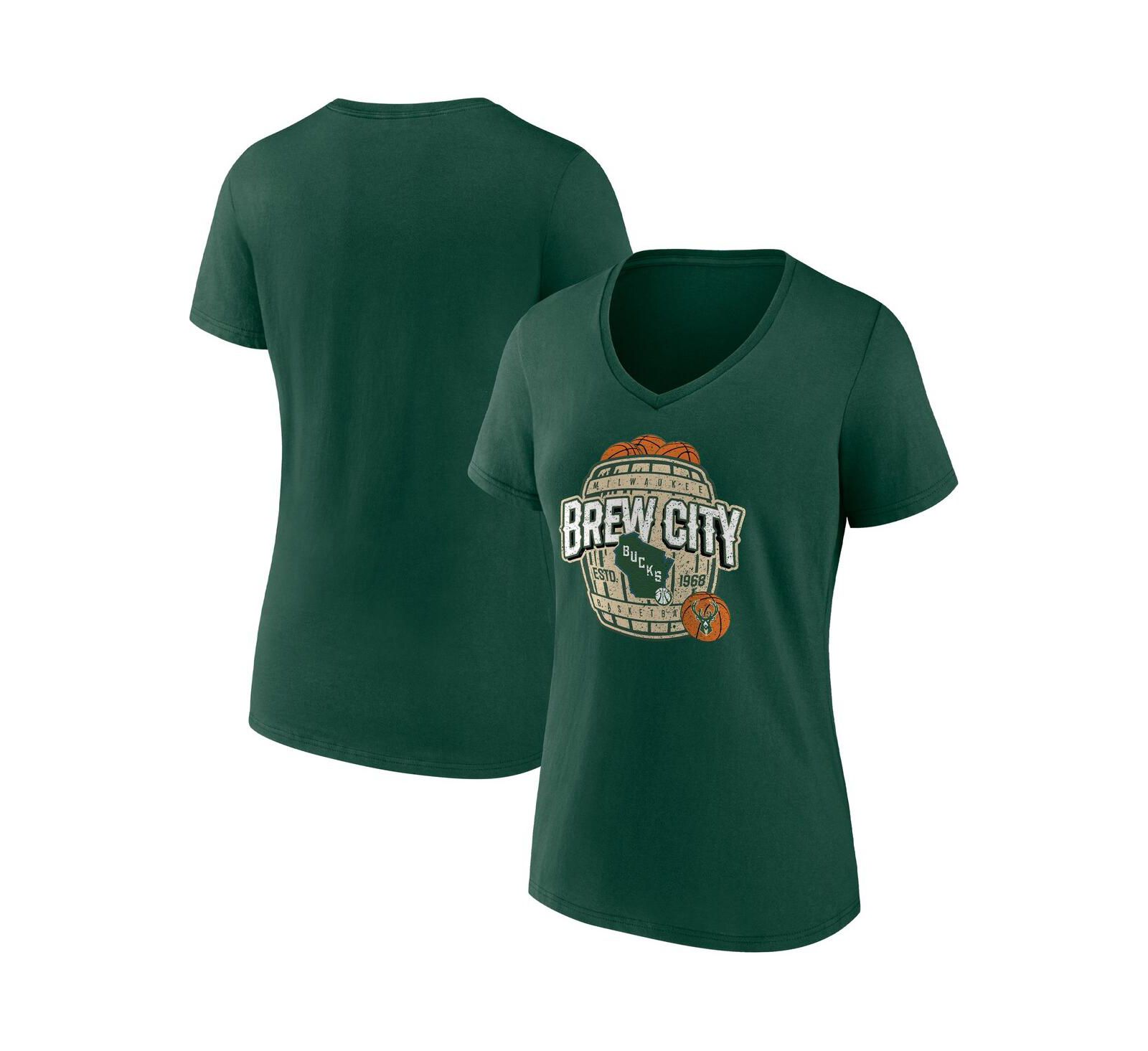 Women's Fanatics Hunter Green Milwaukee Bucks Hometown Collection Brew City V-Neck T-shirt