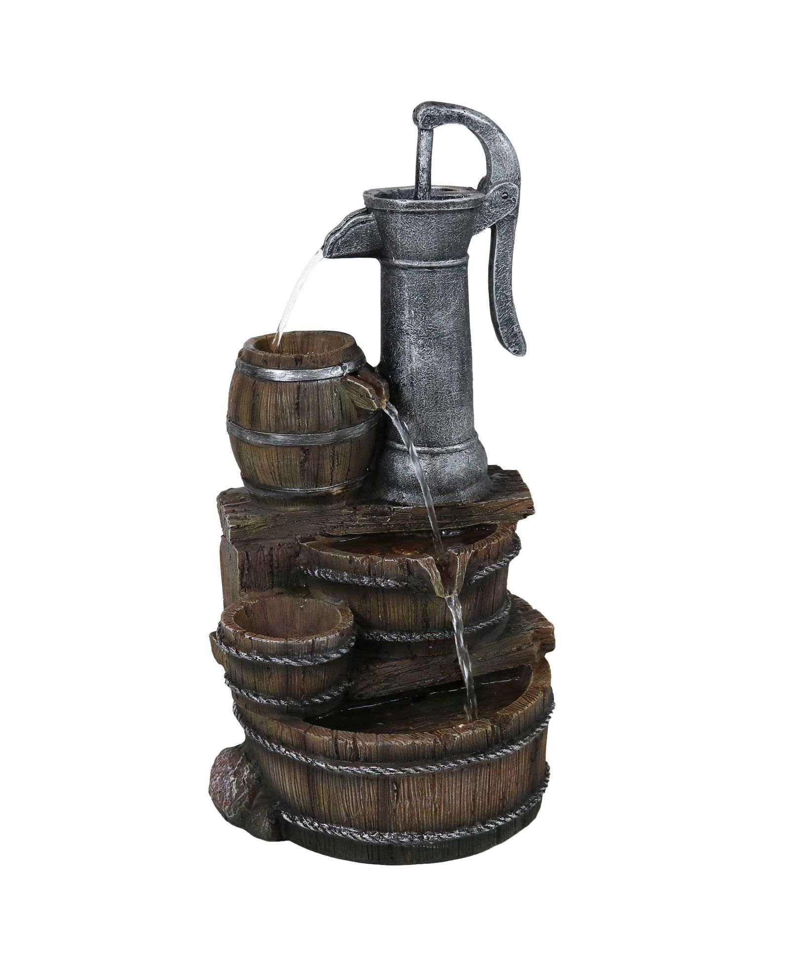 23"H Electric Polyresin Cozy Farmhouse Pump and Tiered Barrels Outdoor Water Fountain with LED Lights