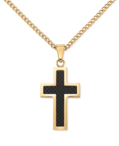 LEGACY for MEN by Simone I. Smith Black Carbon Fiber Cross 24" Pendant Necklace in Gold-Tone Ion-Plated Stainless Steel