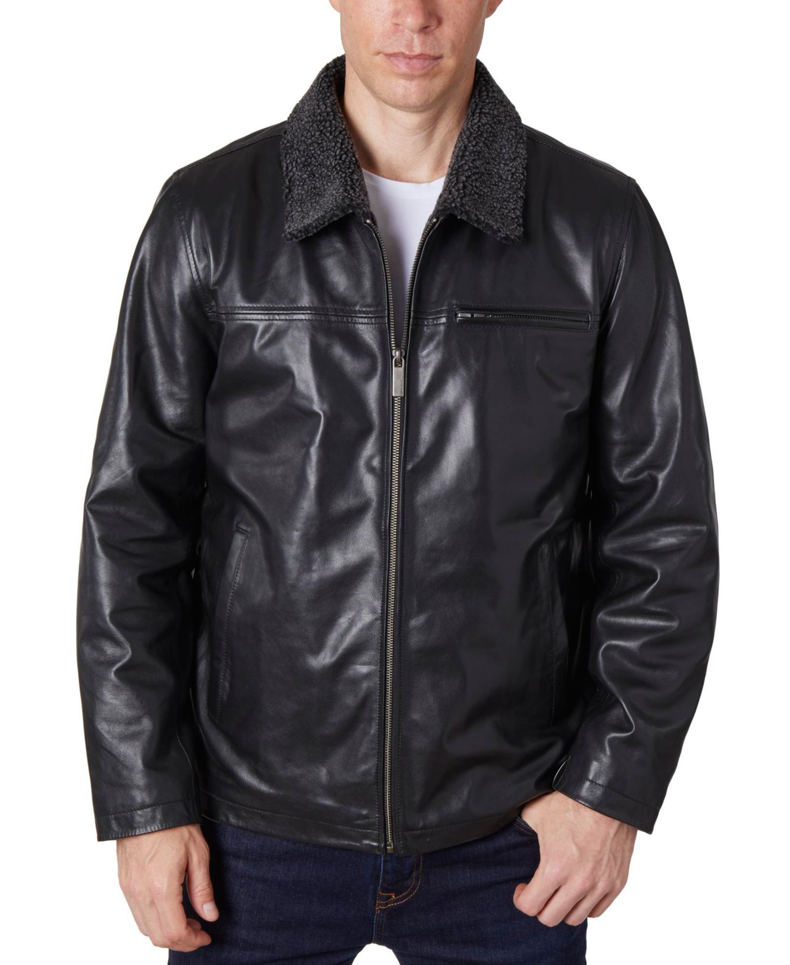 Perry Ellis Men's Zipper Genuine Leather Jacket
