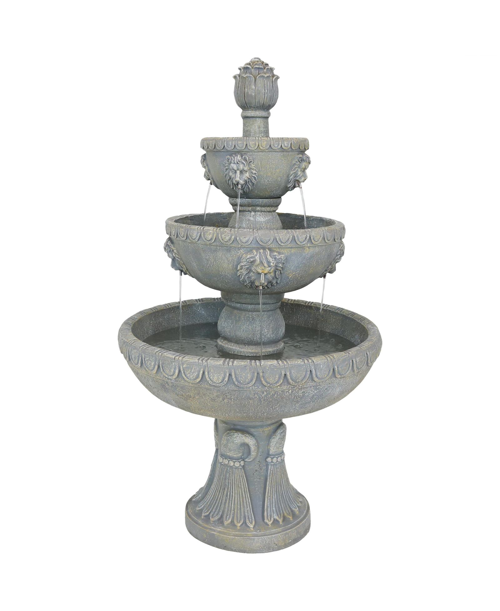 53"H Electric Fiberglass and Resin 3-Tier Lion Head Design Outdoor Water Fountain