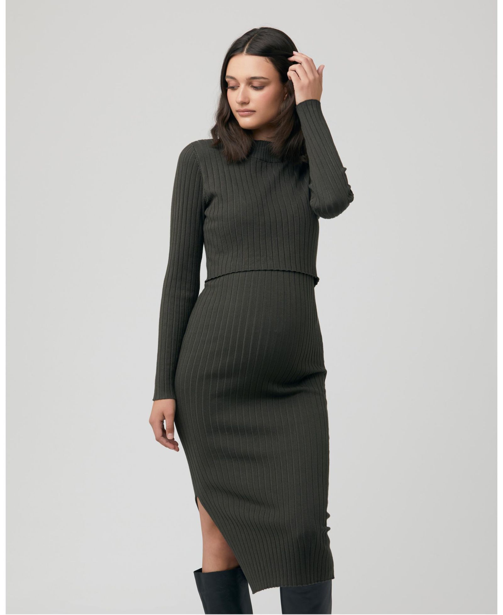 Ripe Maternity Women's Nella Long Sleeve Rib Nursing Knit Dress Ivy
