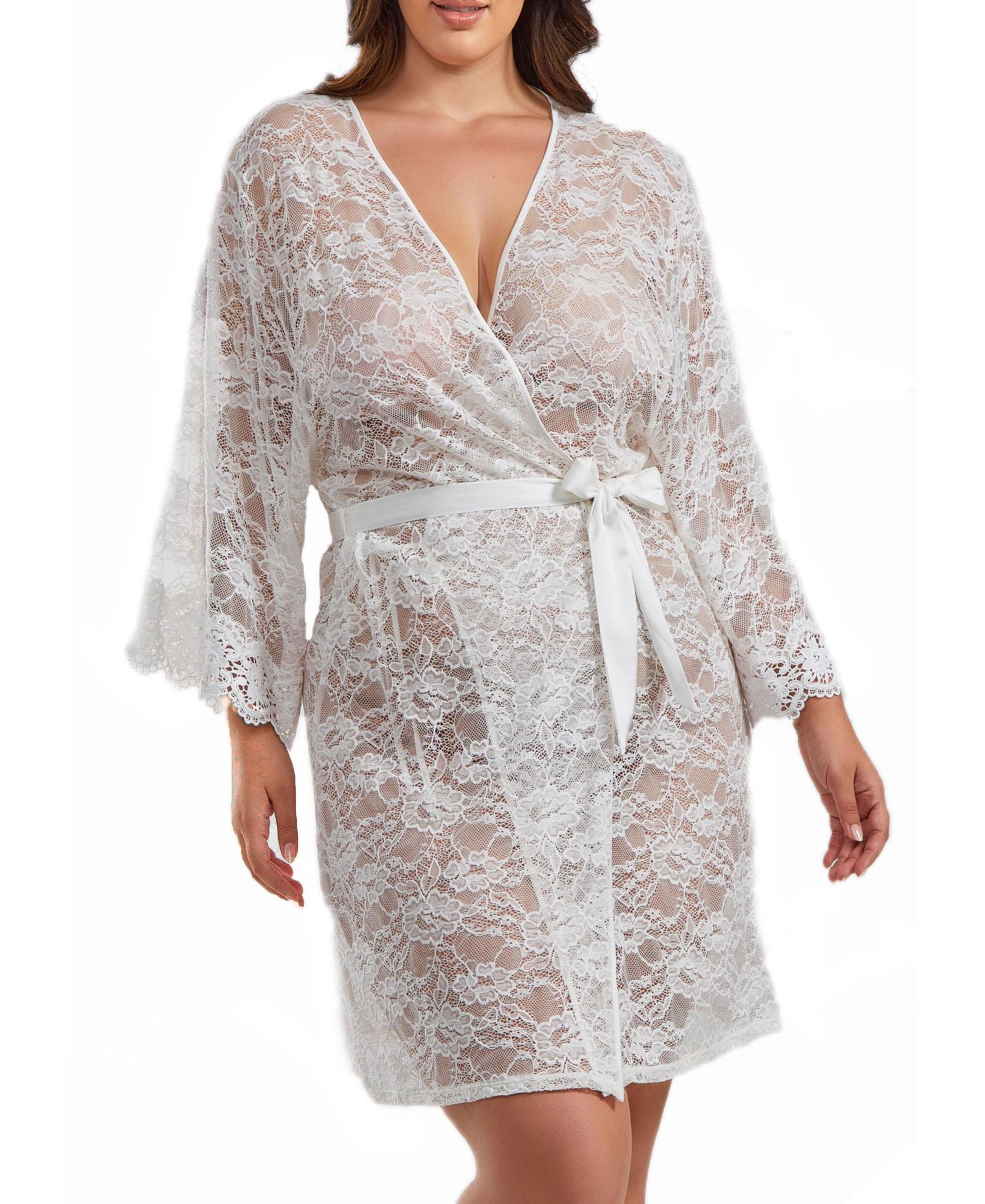 iCollection кружевной халат Jasmine Plus Size с атласным поясом