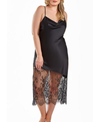 iCollection Jeanie Plus Size Satin Gown with Front Drape and Floral Lace Contrast
