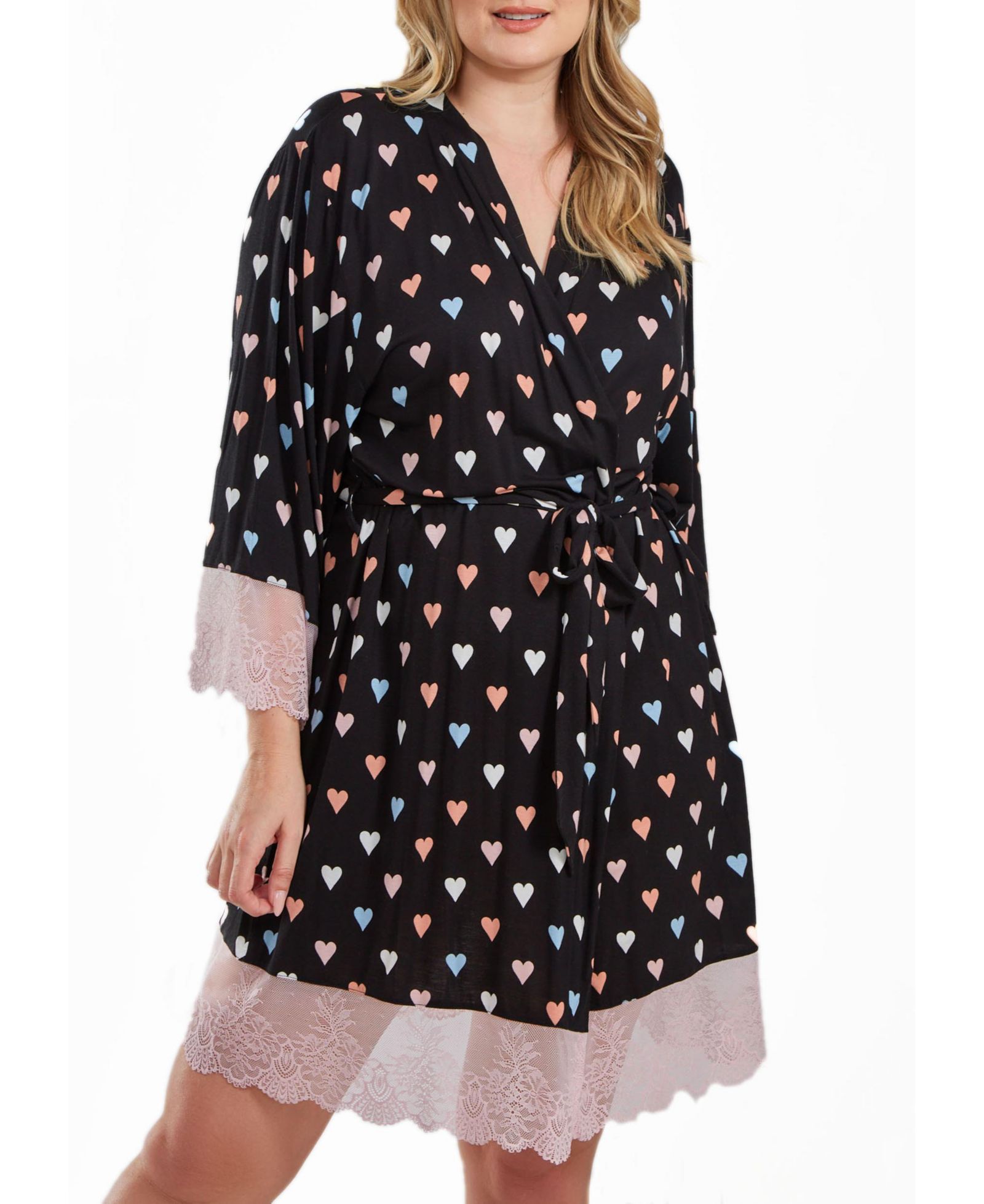 Халат iCollection Plus Size Modal Hearts Lace Trimmed