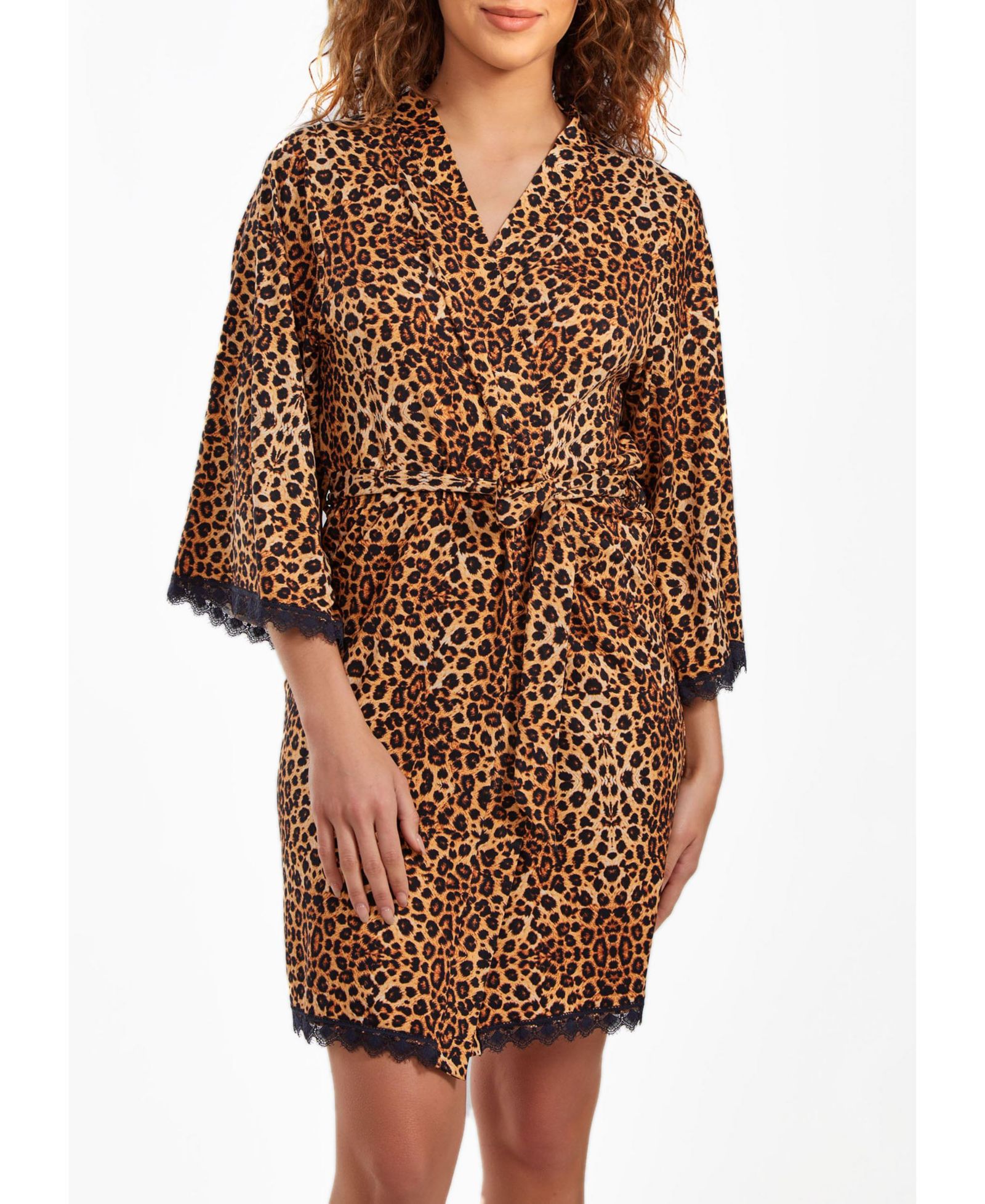 iCollection Женский Chiya Robe with Self Tie Sash and Lace Trimed Hemlines