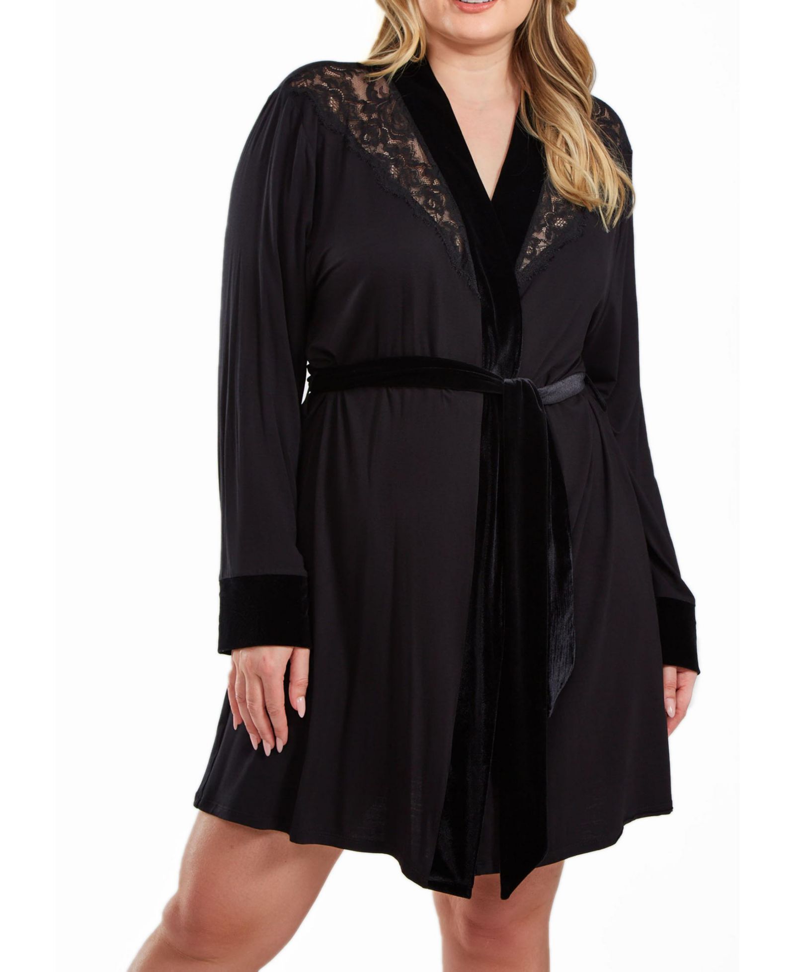 Халат iCollection Layna Plus Size Velore Velvet Lace Trimmed