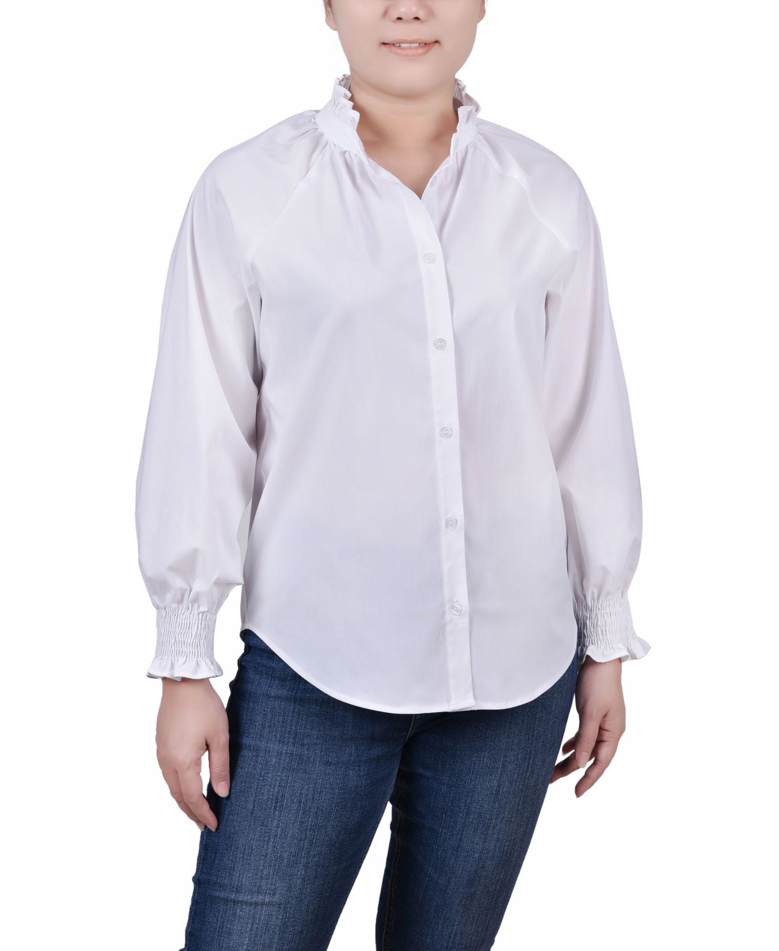 NY Collection Petite Cinch Sleeve Button Front Blouse