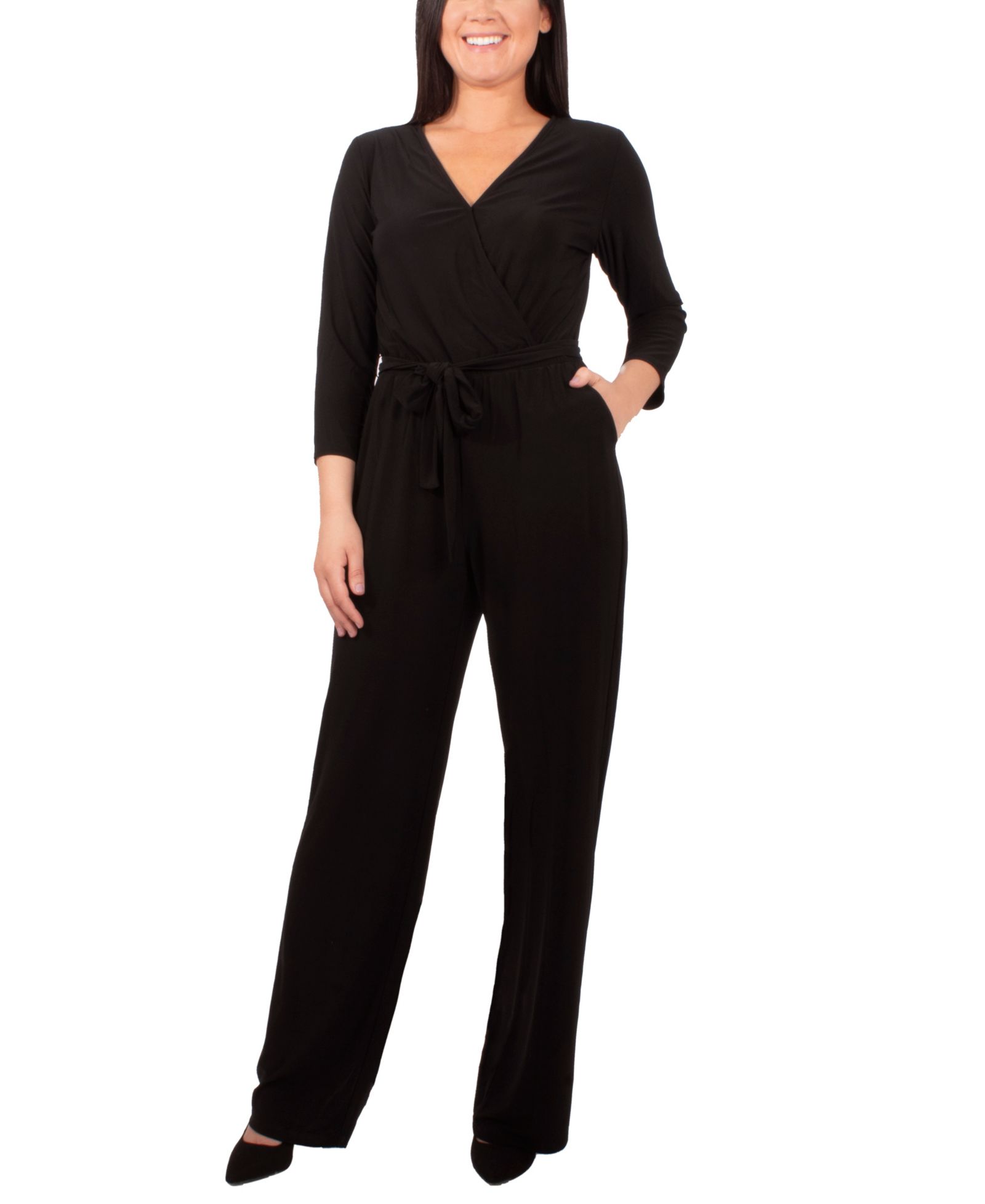 NY Collection Petite 3/4 Sleeve Printed Belted Jumpsuit