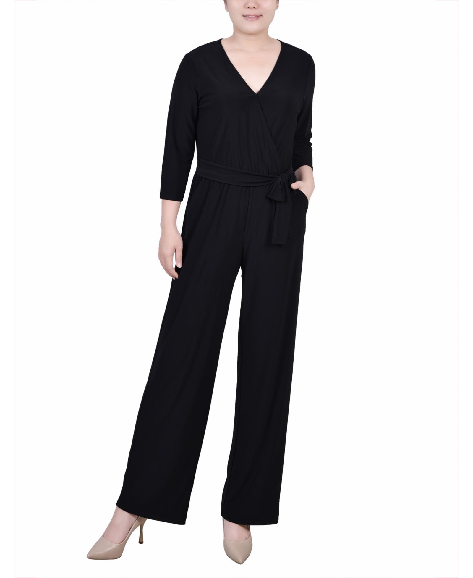 NY Collection Petite Short 3/4 Sleeve Belted Wide Leg Jumpsuit