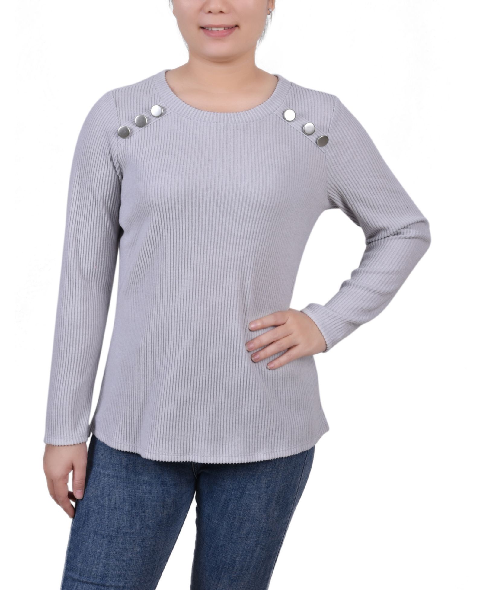 NY Collection Petite Long Sleeve Ribbed Button Detail Top