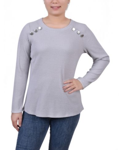 NY Collection Petite Long Sleeve Ribbed Button Detail Top