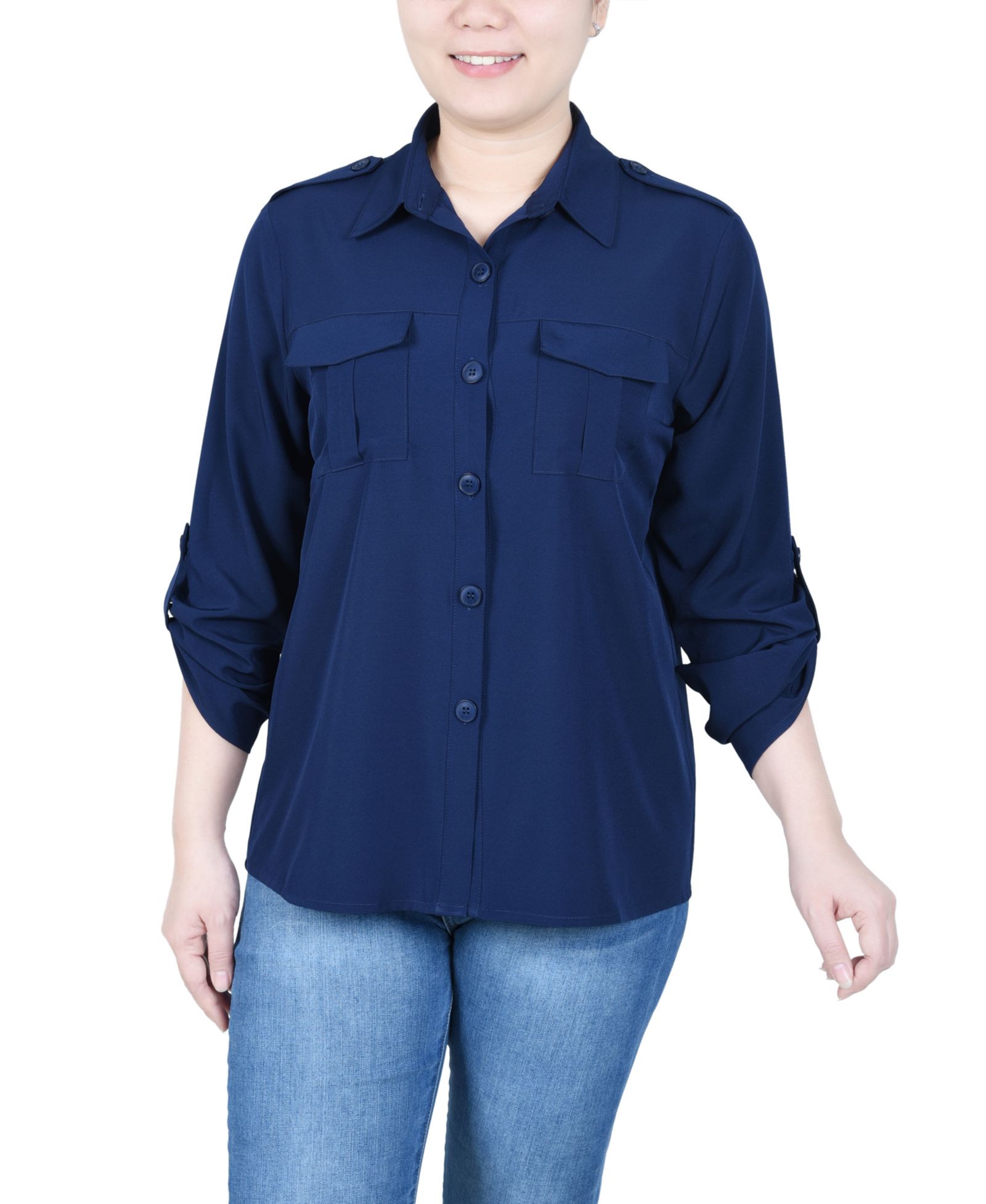 NY Collection Petite 3/4 Sleeve Roll Tab Utility Blouse