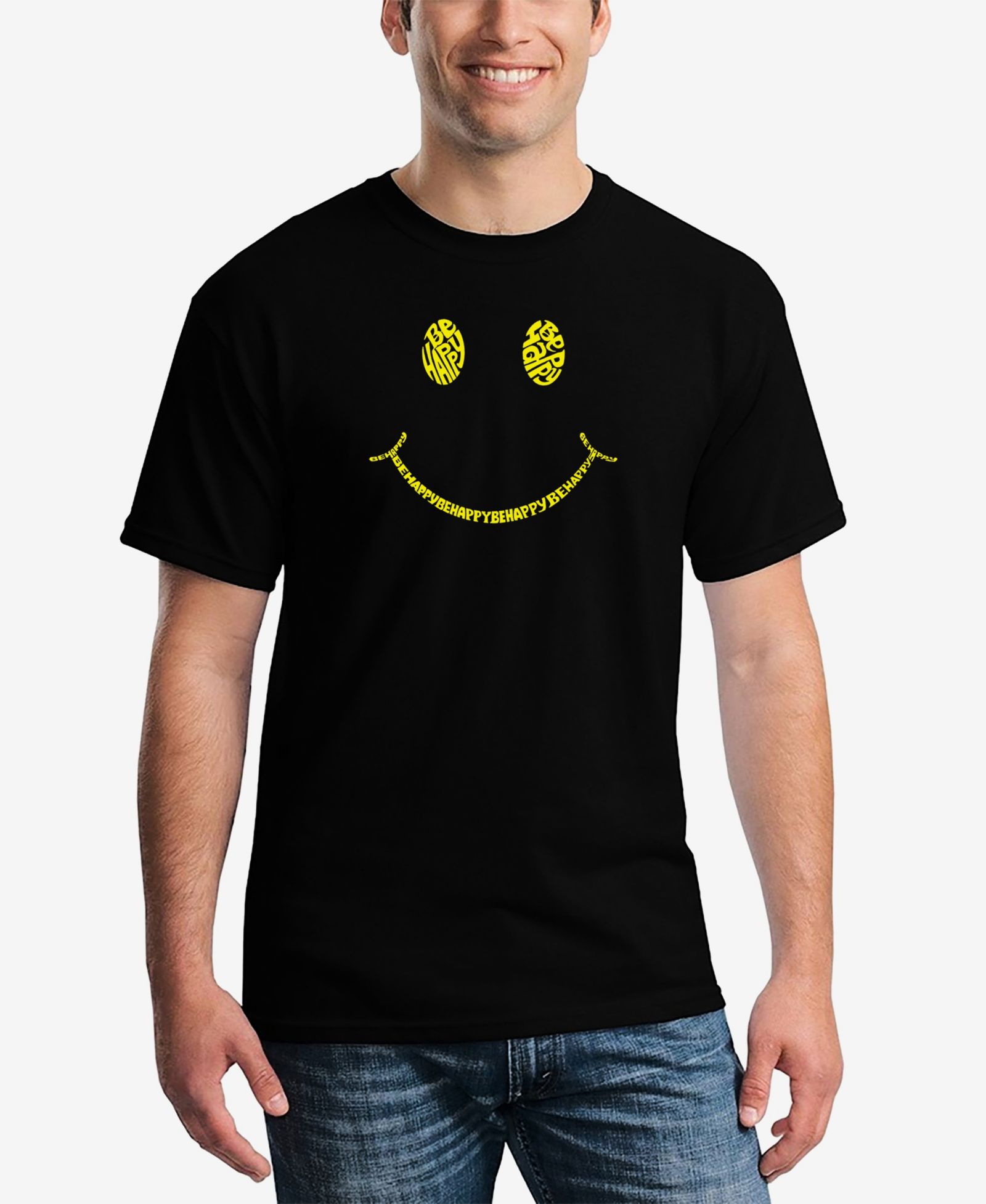 LA Pop Art Men's Be Happy Smiley Face Word Art Short Sleeve T-shirt