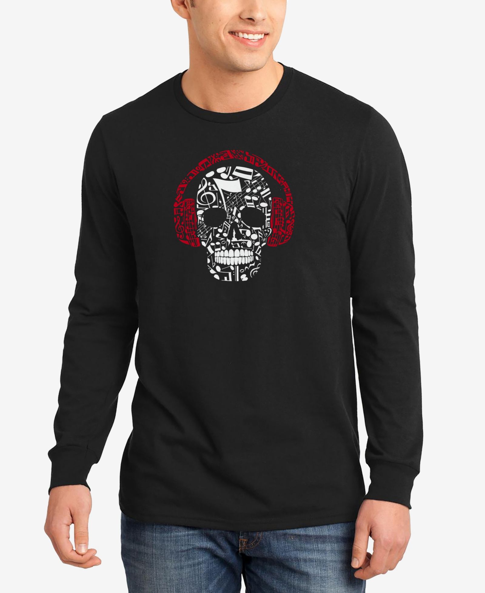 LA Pop Art Men's Music Notes Skull Word Art Long Sleeves T-shirt