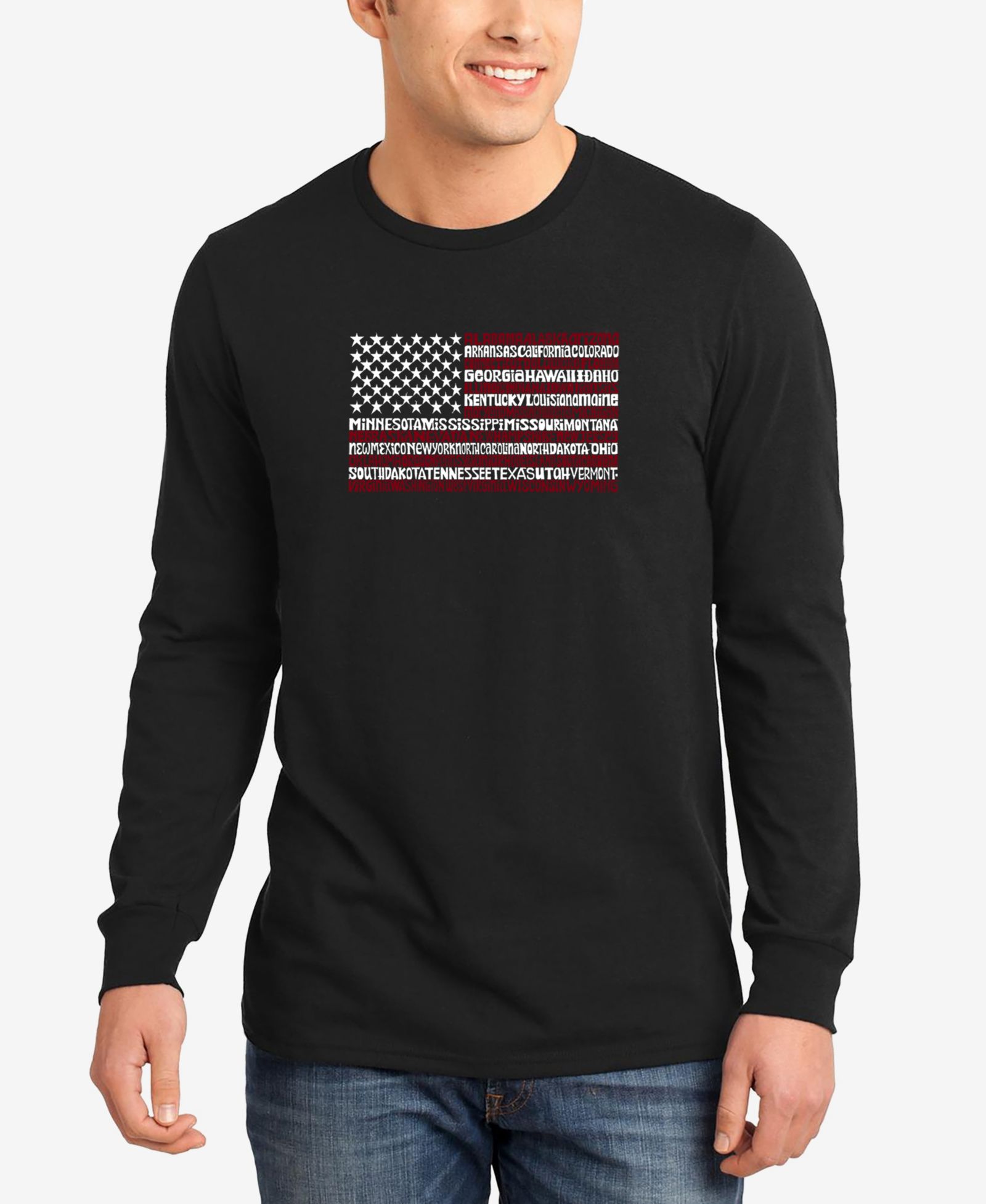 LA Pop Art Men's 50 States USA Flag Word Art Long Sleeves T-shirt