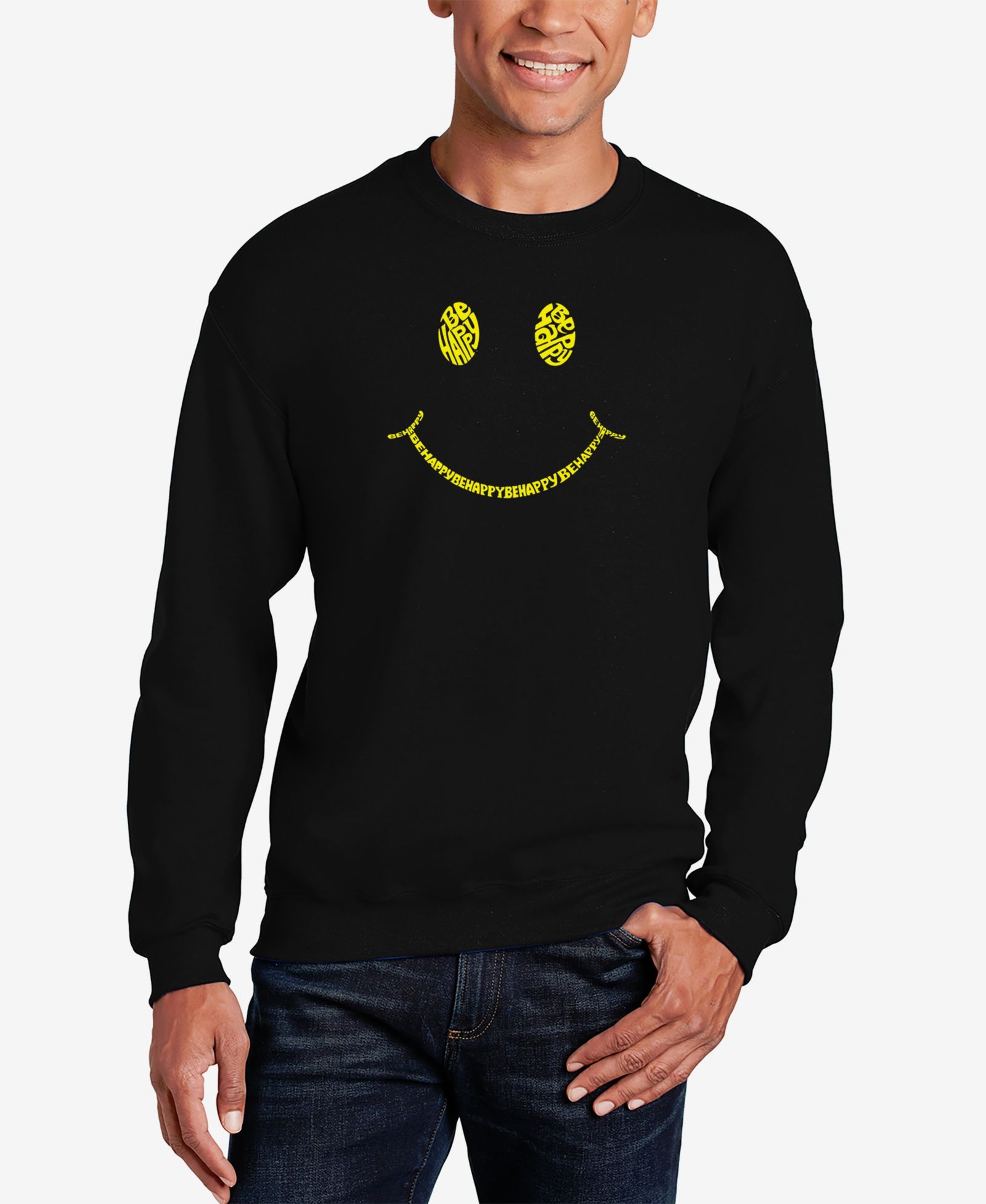 LA Pop Art Men's Be Happy Smiley Face Word Art Crew Neck Sweatshirt