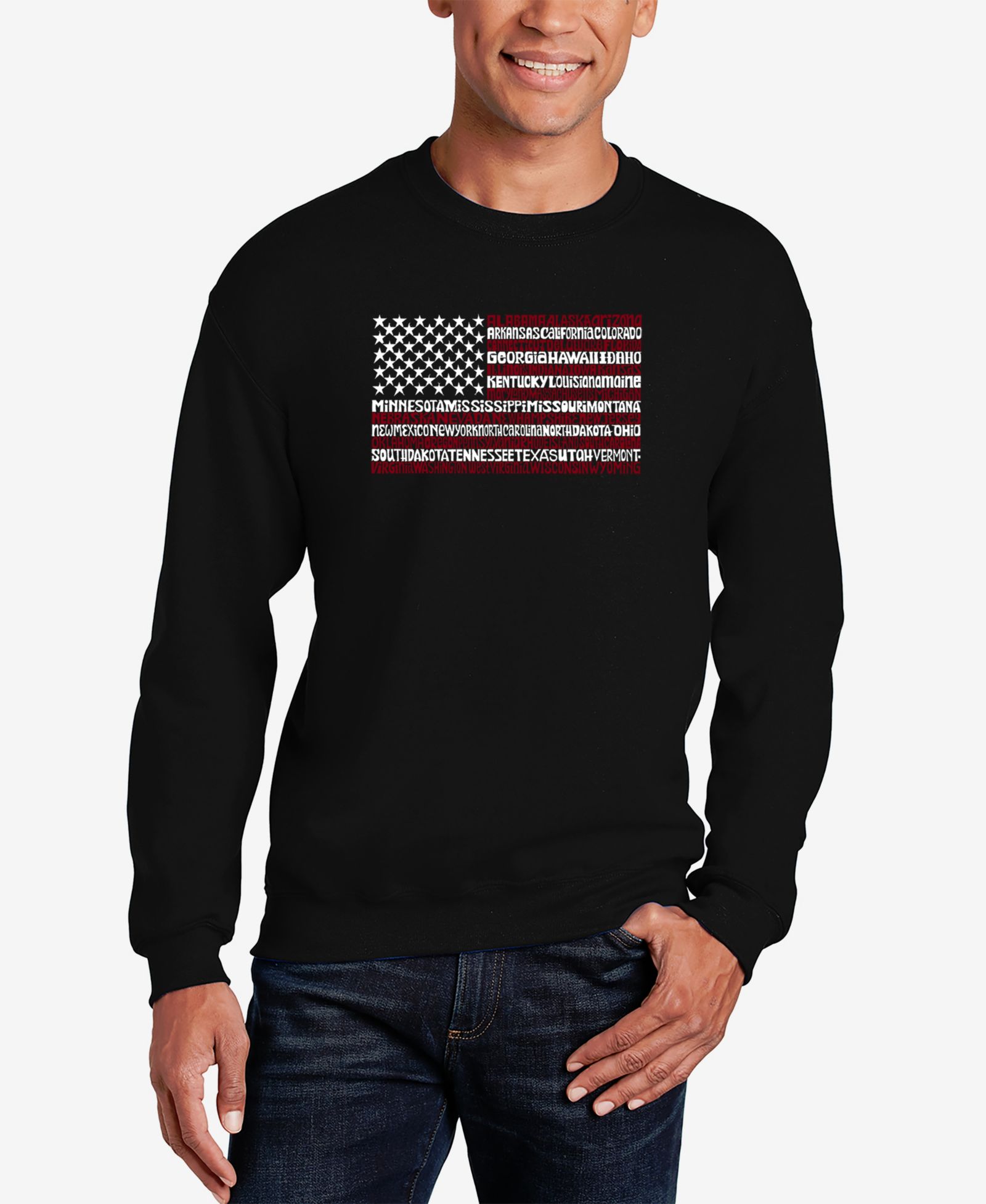 LA Pop Art Men's 50 States USA Flag Word Art Crew Neck Sweatshirt