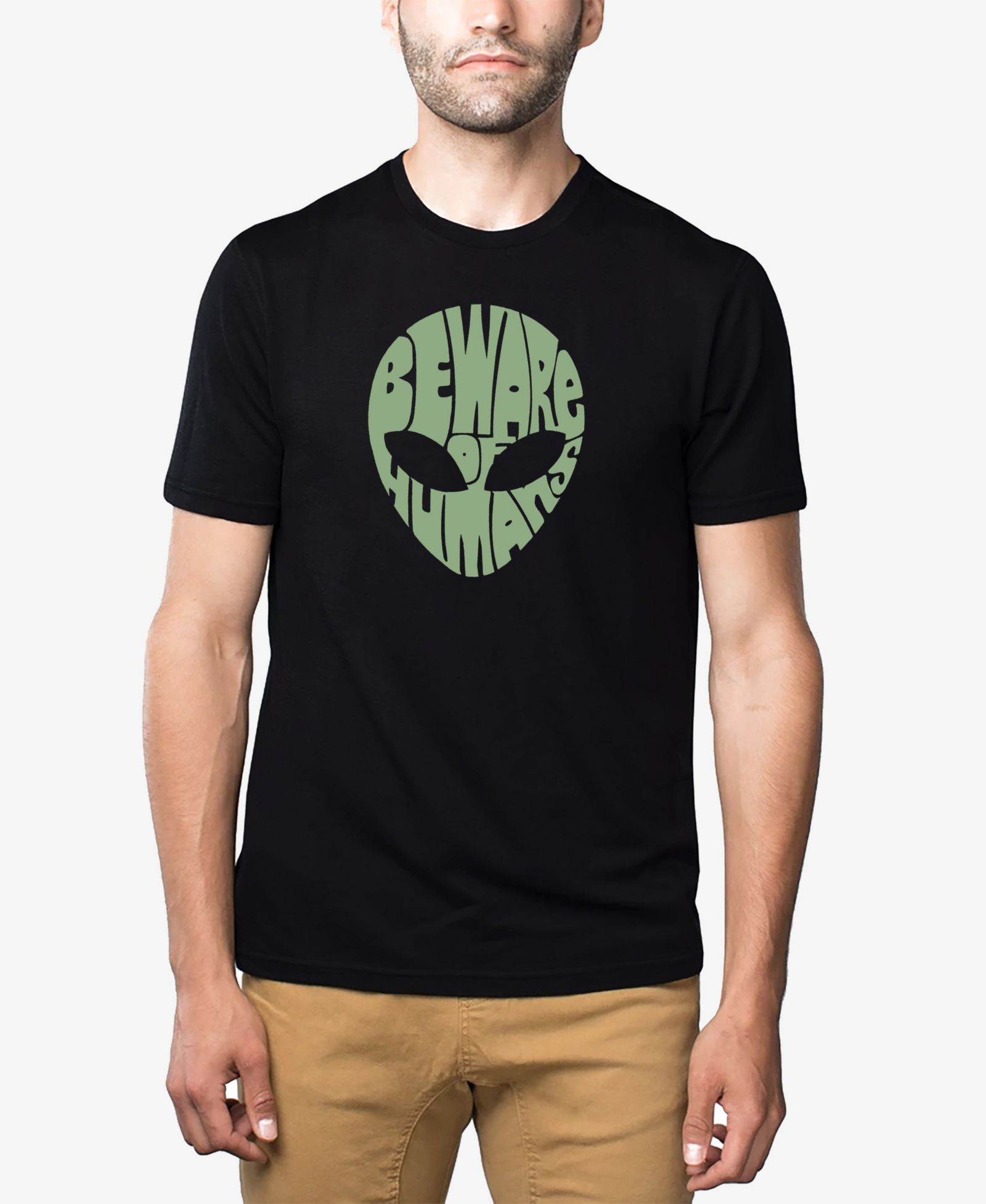 LA Pop Art Men's Cotton/Poly Blend Word Art Beware Of Humans Alien T-shirt