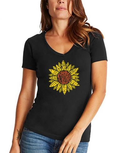 LA Pop Art Women's Sunflower Word Art V-neck T-shirt