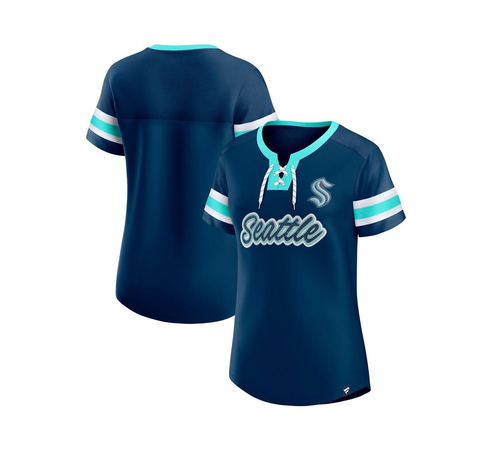 Fanatics Women's Deep Sea Blue Seattle Kraken Iconic Athena Lace-Up T-Shirt