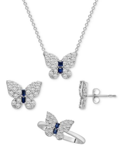 3-Pc. Set Lab-grown White Sapphire (2-1/5 ct. t.w.) & Lab-grown Blue Sapphire (1/4 ct. t.w.) Butterfly Pendant Necklace, Stud Earrings, and Ring in Sterling Silver