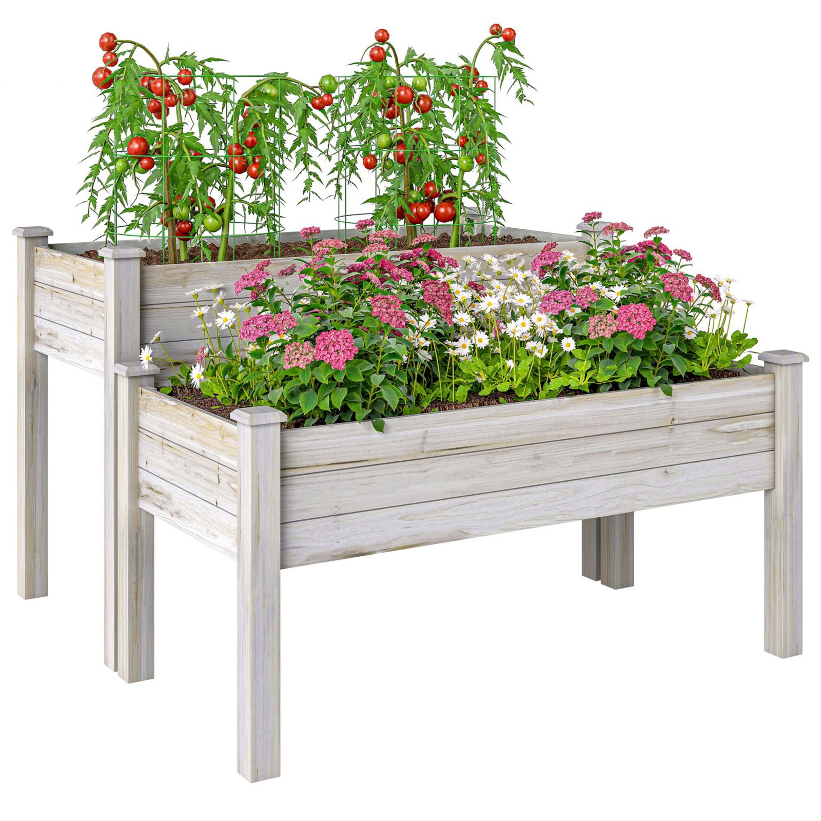 Outsunny 2 Tier Raised Garden Bed, Elevated Wooden Planter Box, Natural