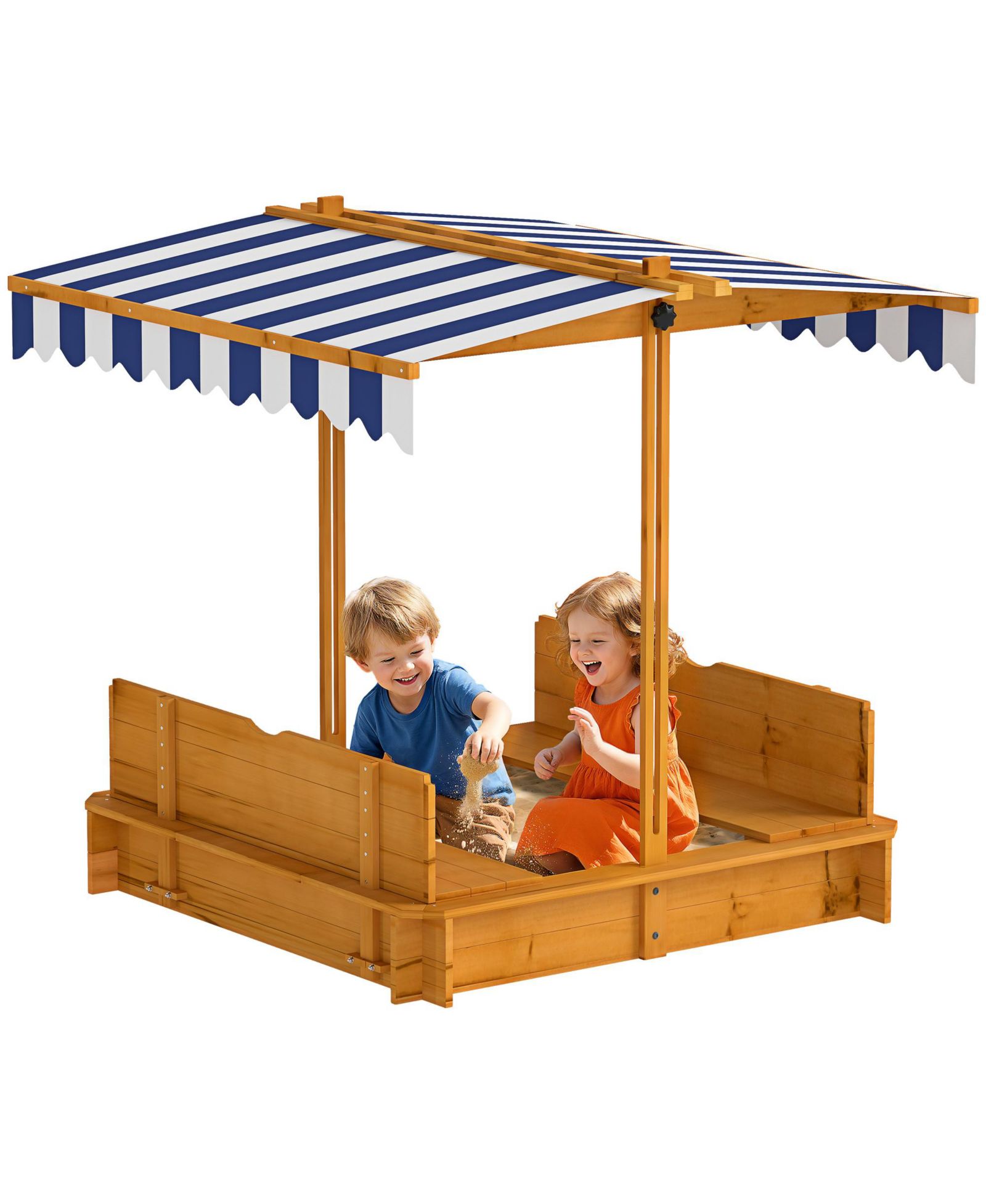 Outsunny Cove Wooden Sandbox with Adjustable Canopy & Lid, Ages 3-7