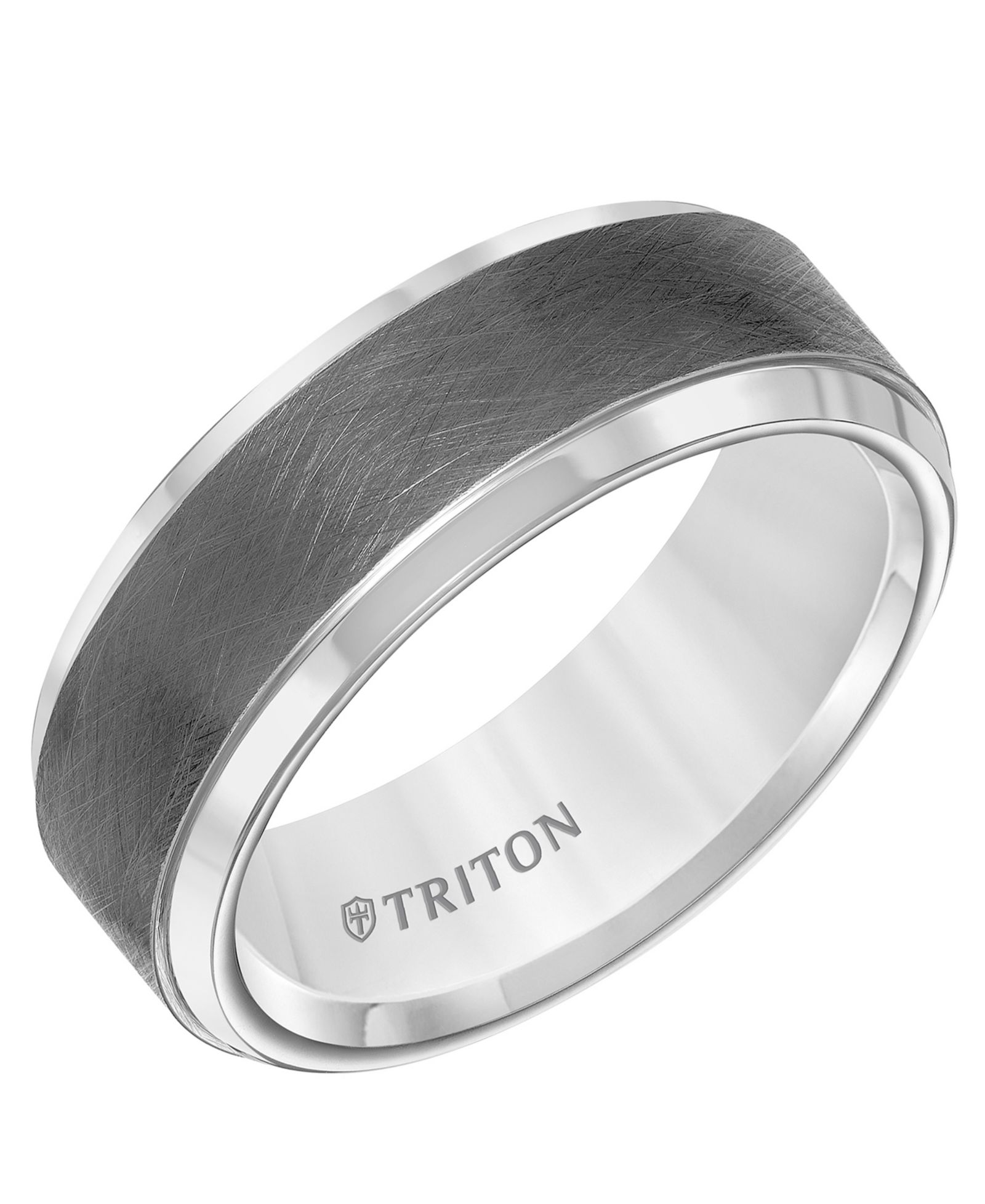Triton Men's Crystalline Finish Tungsten Comfort Fit Wedding Band in White & Gray Tungsten Carbide