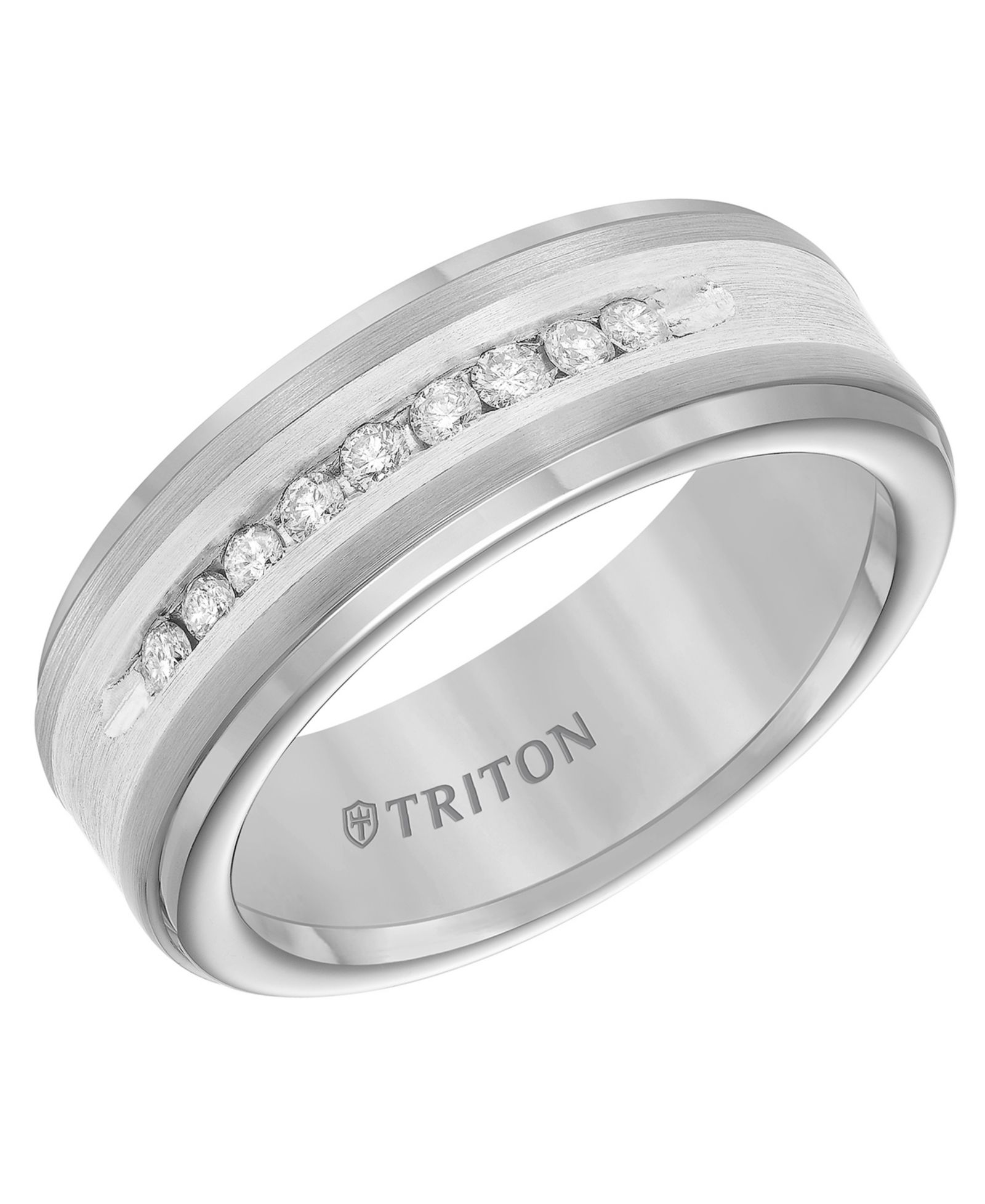 Triton Мужское Diamond Satin Finish Comfort Fit Wedding Band (1/4 ct. t.w.) in Tungsten Carbide & Sterling Silver