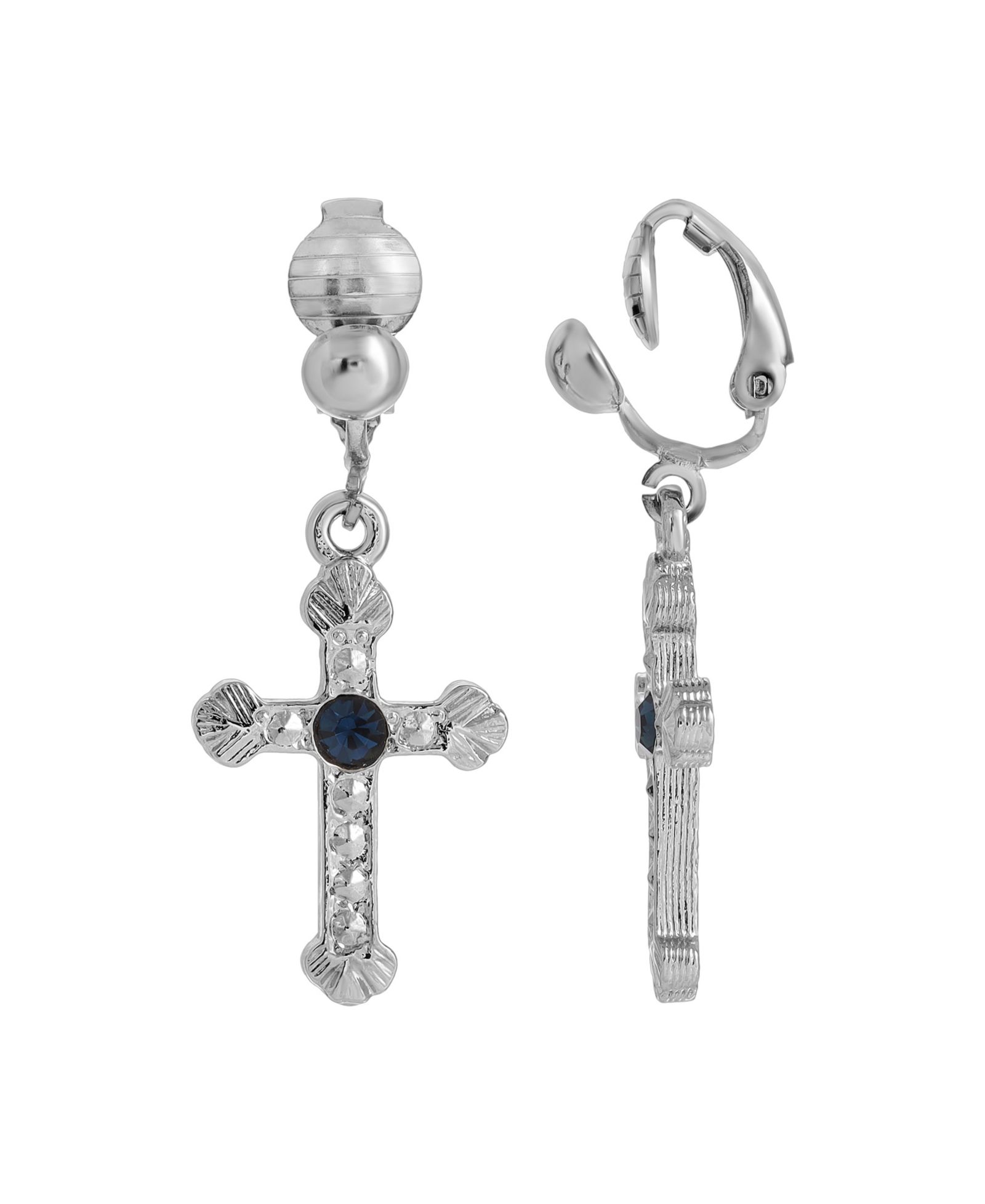 Symbols of Faith серьги-клипсы с синим кристаллом и крестом, серебристого цвета