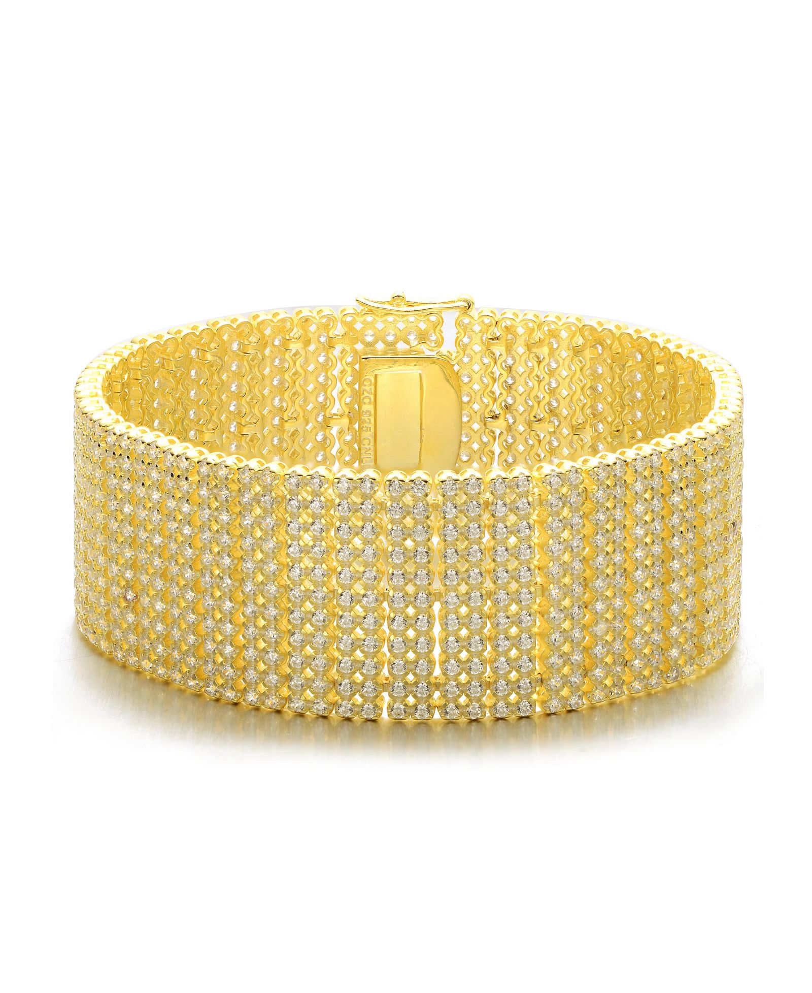 Genevive Sterling Silver 14K Gold Plated Brilliant CZ Mesh Cuff Bracelet