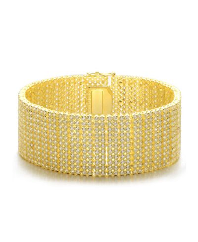 Genevive Sterling Silver 14K Gold Plated Brilliant CZ Mesh Cuff Bracelet