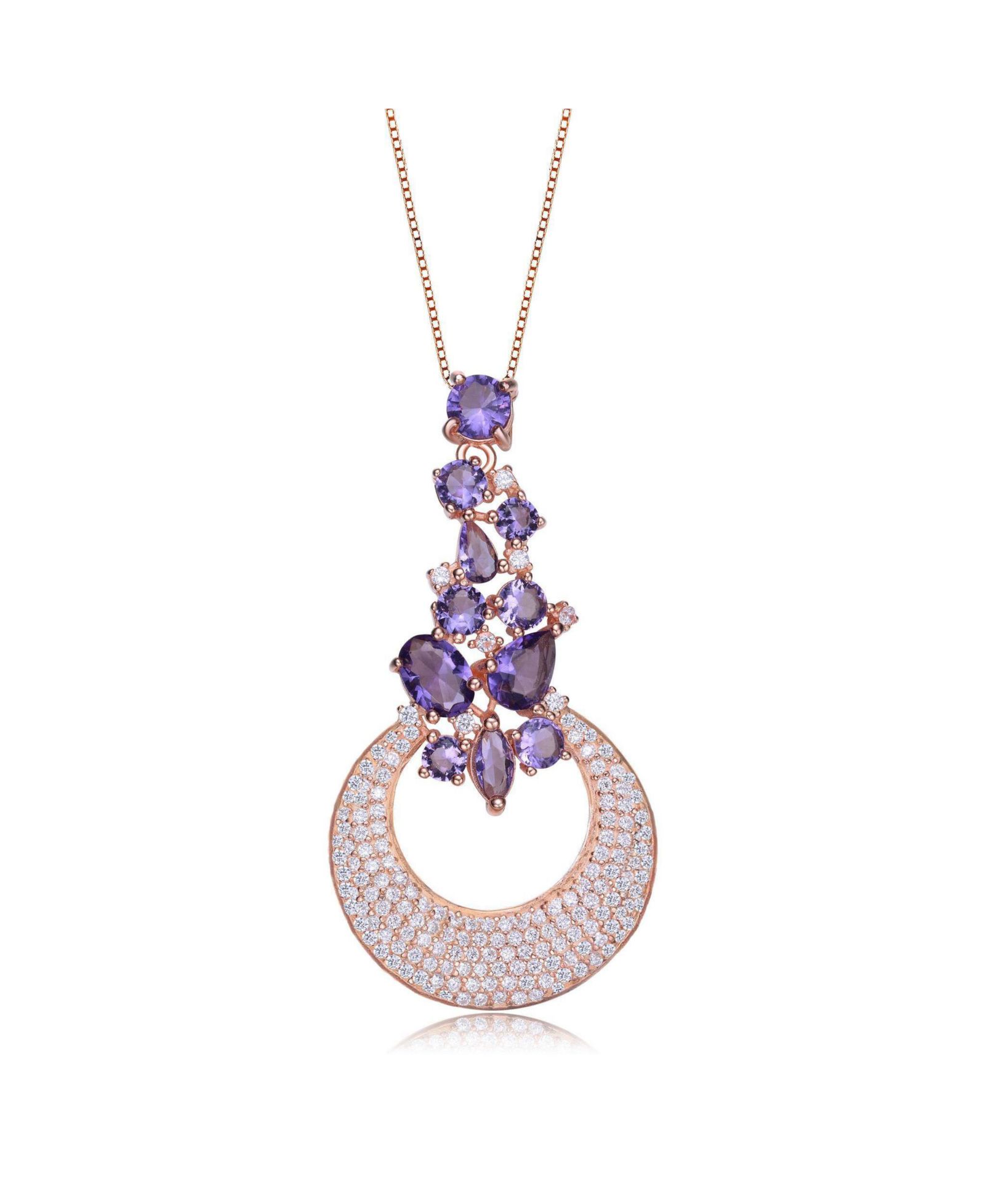 Genevive 18K Rose Gold Plated Purple CZ Crescent Moon Pendant Necklace
