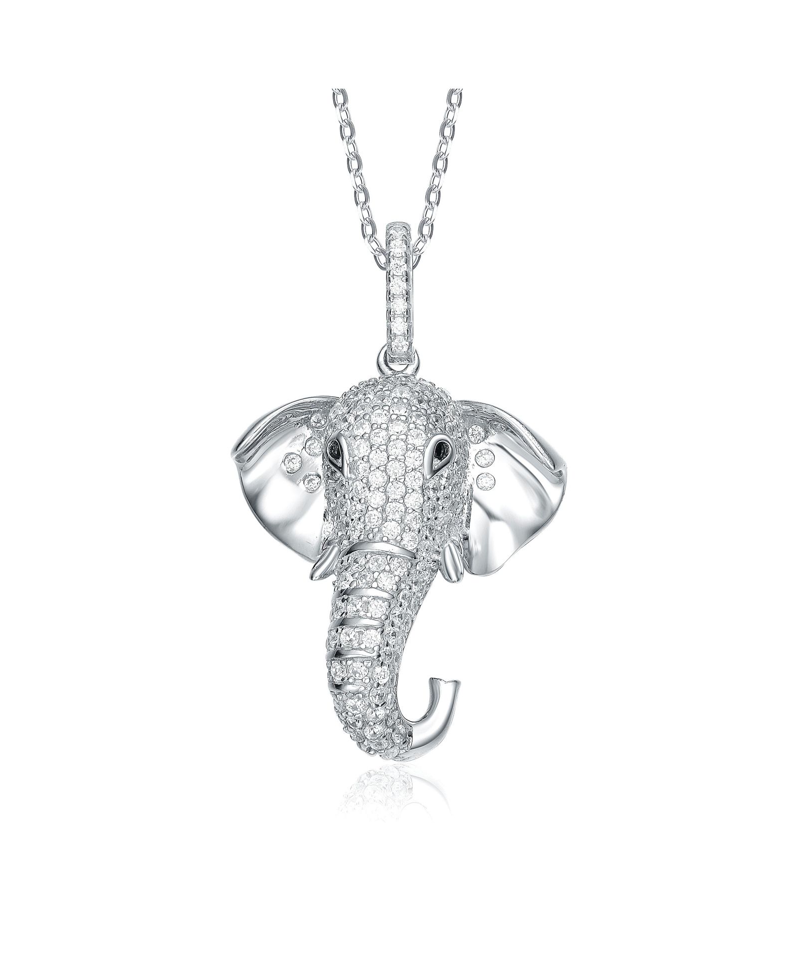 Genevive Sterling Silver White Gold Plated CZ Pave Elephant Necklace