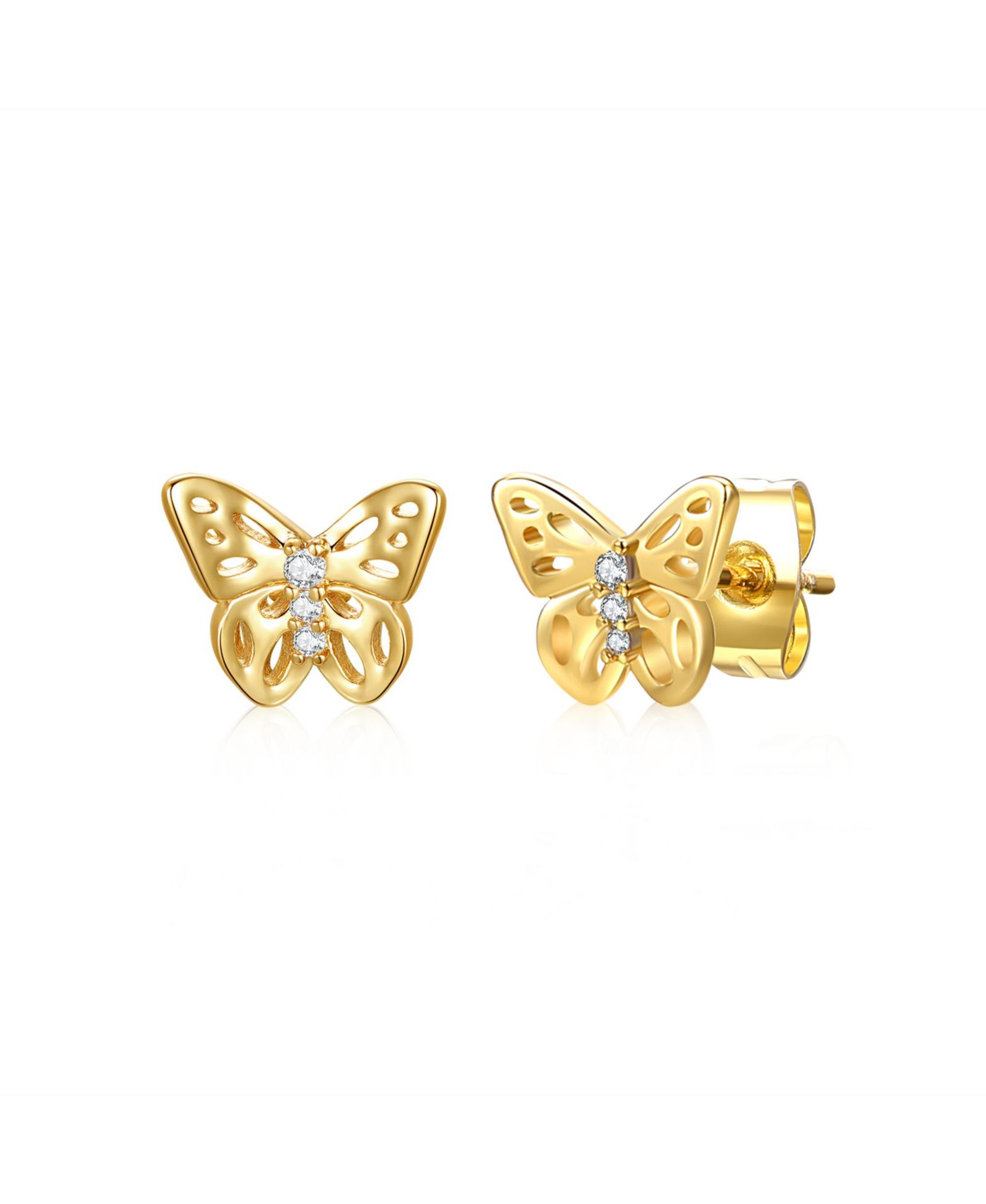 GiGiGirl Enchanting 14k Gold Plated 3-Stone Filigree Butterfly Stud Earrings with Cubic Zirconia