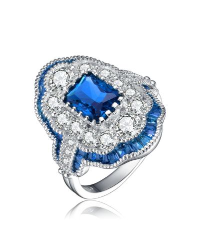 Sterling Silver Radiant and Baguette Cubic Zirconia Coctail Ring