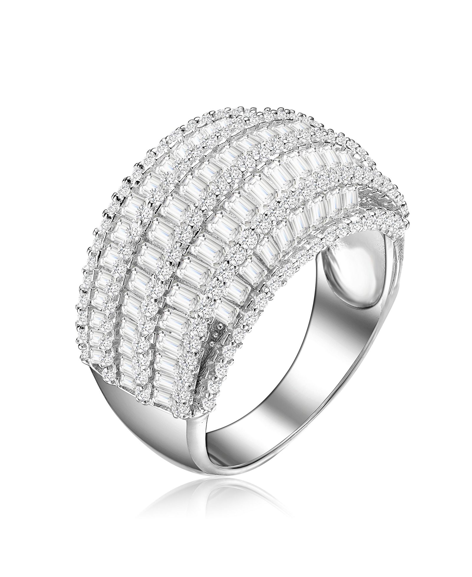 Genevive Sterling Silver White Gold Plated CZ Cluster Dome Cocktail Ring