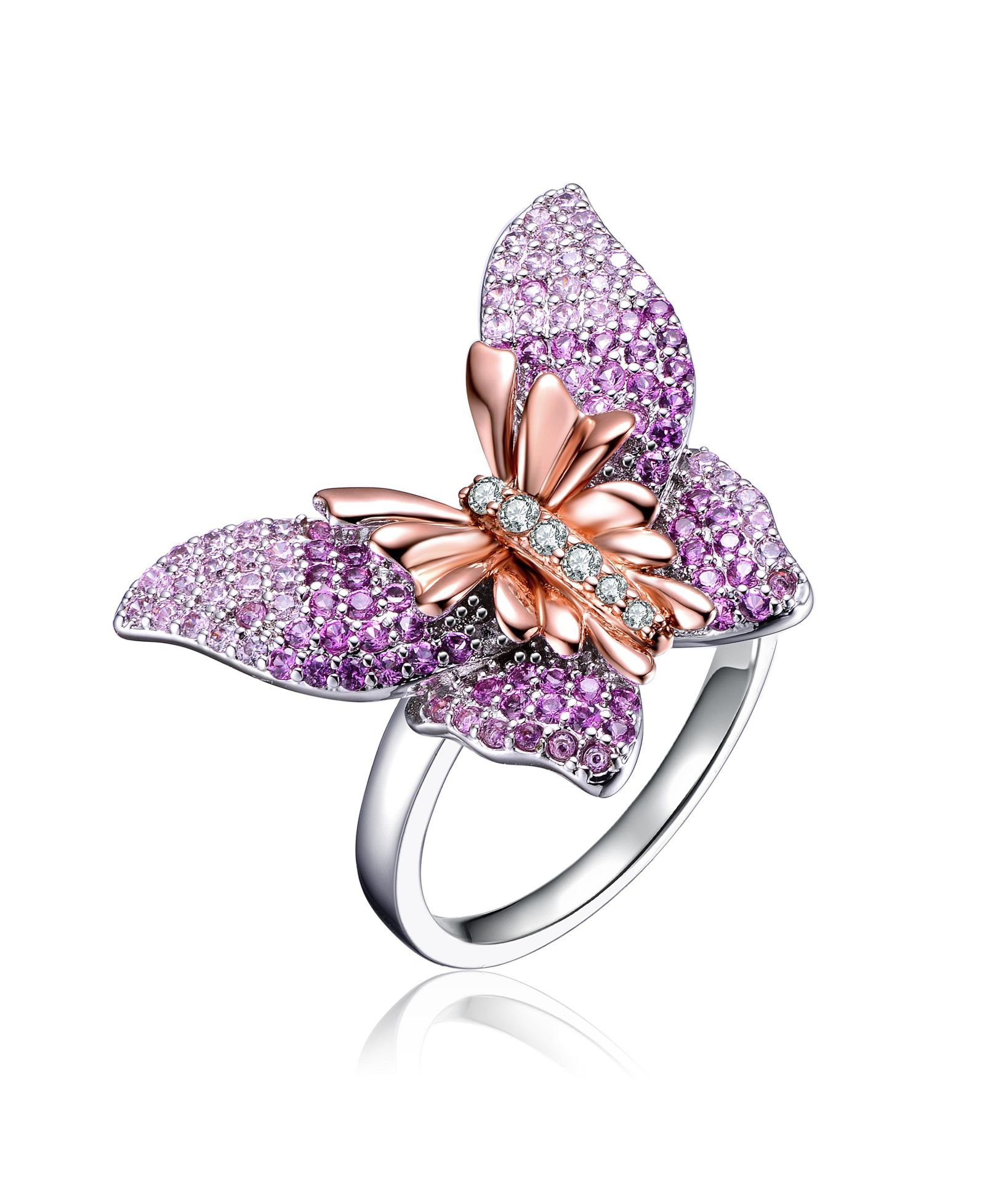 Genevive Elegant Sterling Silver Two-Toned Plated CZ Pave Butterfly Ring
