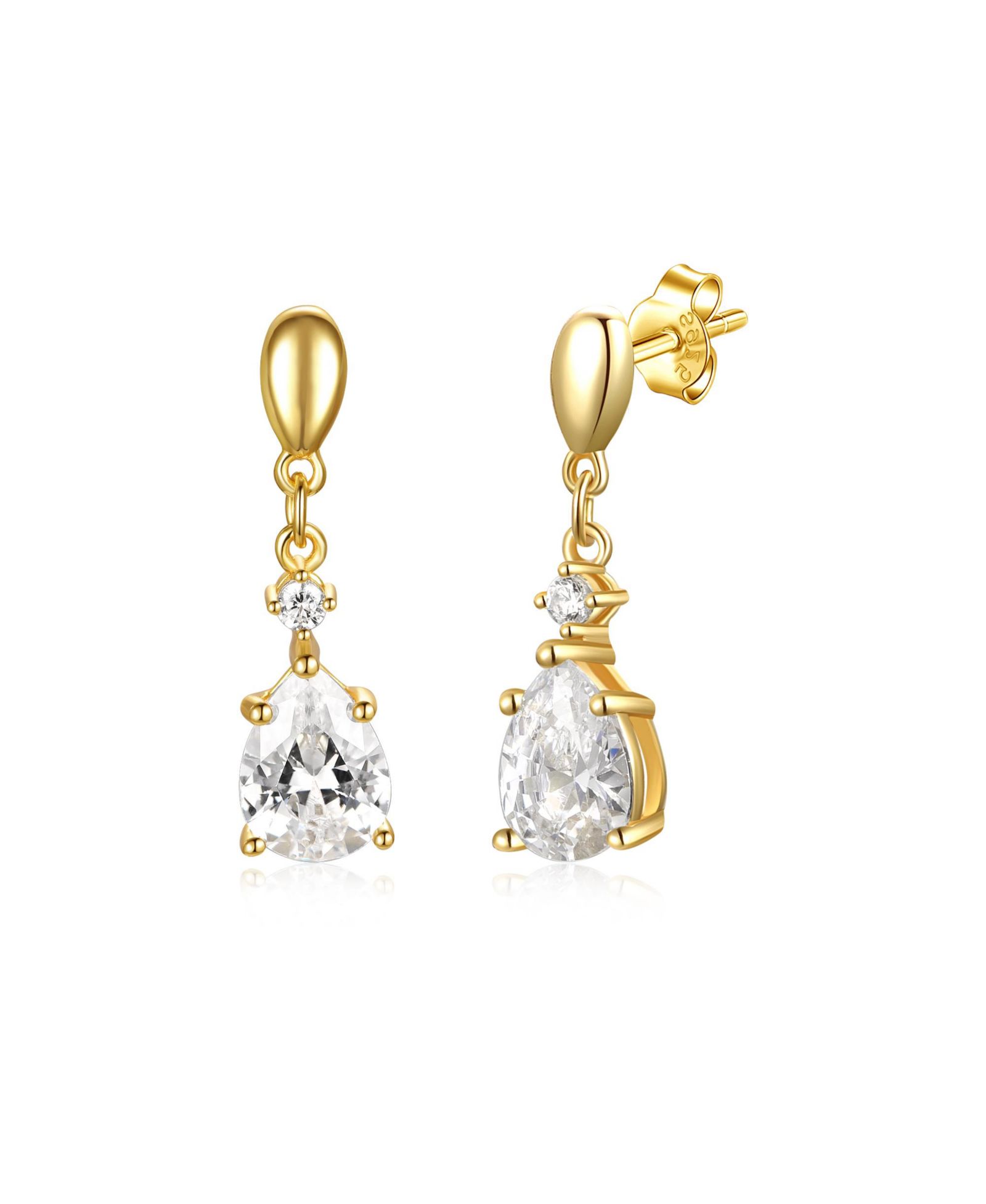 14k Gold Plated with  Cubic Zirconia Raindrop 2-Stone Dangle Earrings in Sterling Silver