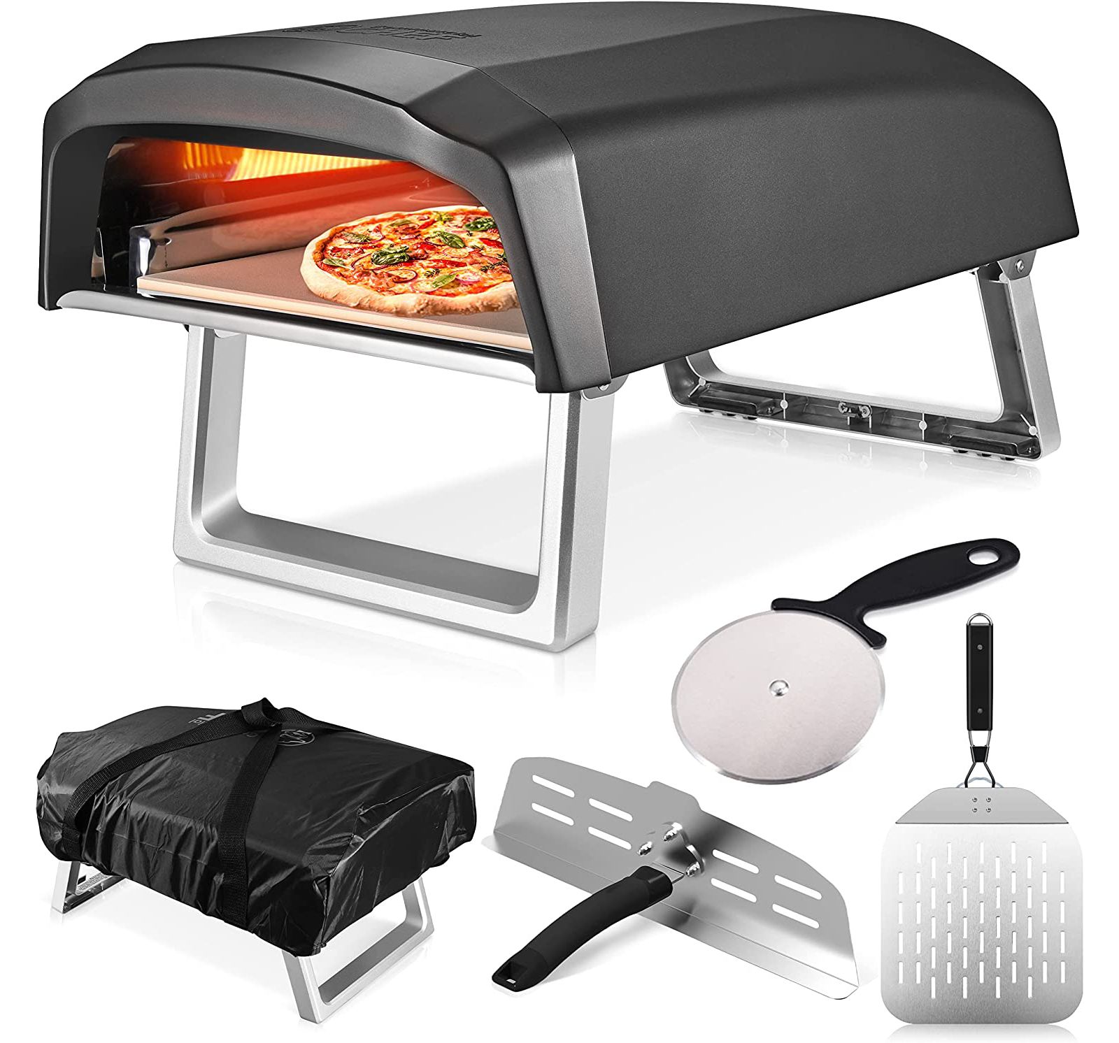 Commercial Chef Propane Gas Pizza Oven with Dual Burner System includes Baffle Door, Peel, 12" Stone, Cutter, and Cover