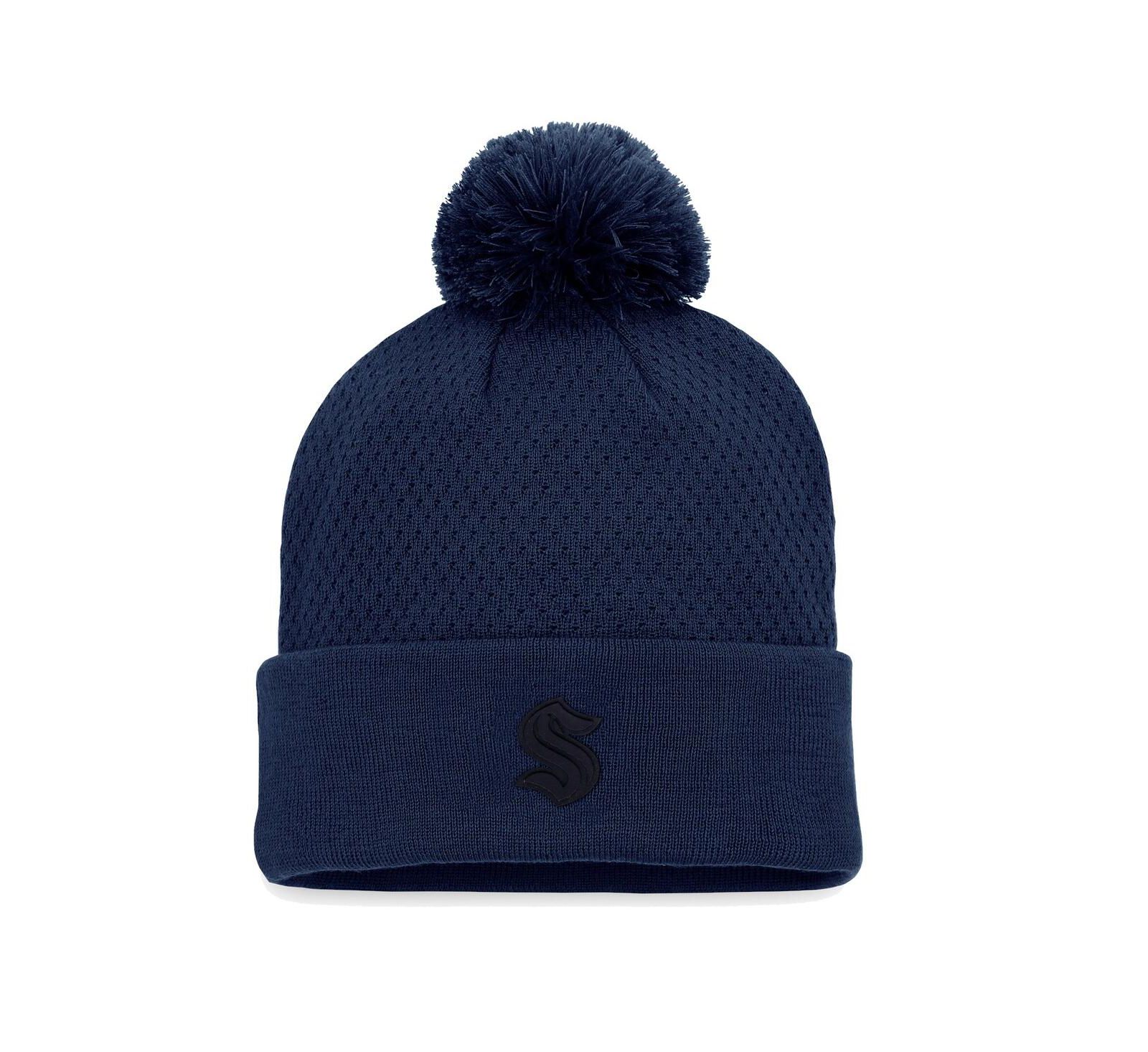 Женская вязаная шапка Fanatics Deep Sea Blue Seattle Kraken Authentic Pro Road Cuffed с помпоном