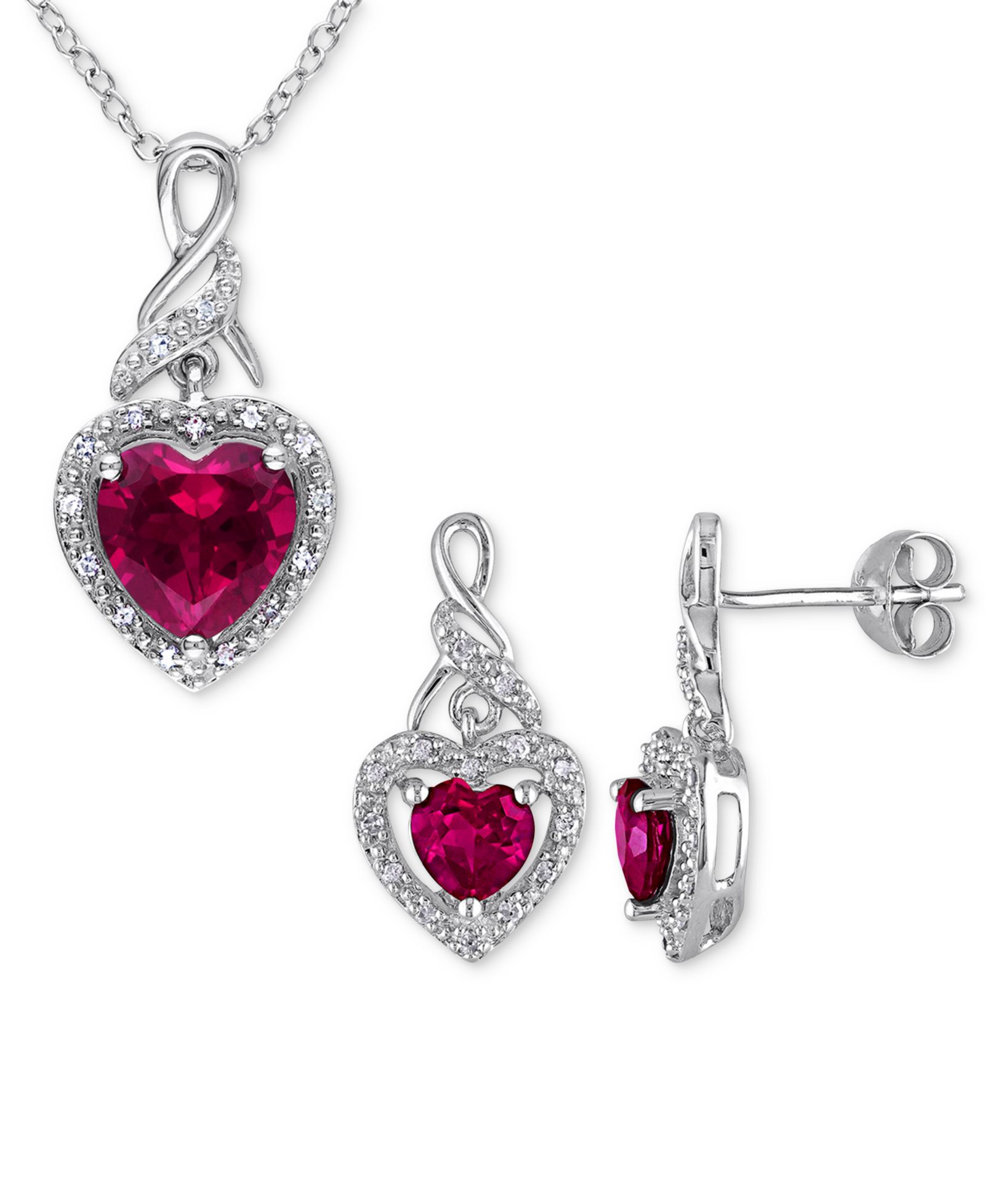 Набор 2-Pc. кулон с выращенным рубином (4 ct. t.w.) и бриллиантом (1/4 ct. t.w.) и подходящие серьги в Sterling Silver