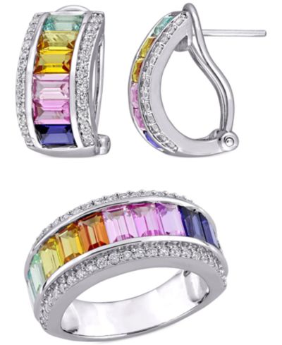 2-Pc. Set Lab-Grown Multi-Sapphire Baguette Ring & Matching Hoop Earrings (8-1/10 ct. t.w.) in Sterling Silver
