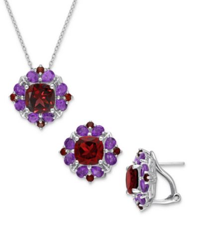 Комплект из 2-х изделий: подвеска с гранатом (9-7/8 ct. t.w.) и аметистом (3-1/3 ct. t.w.) в оправе Halo и подходящие серьги-гвоздики из стерлингового серебра