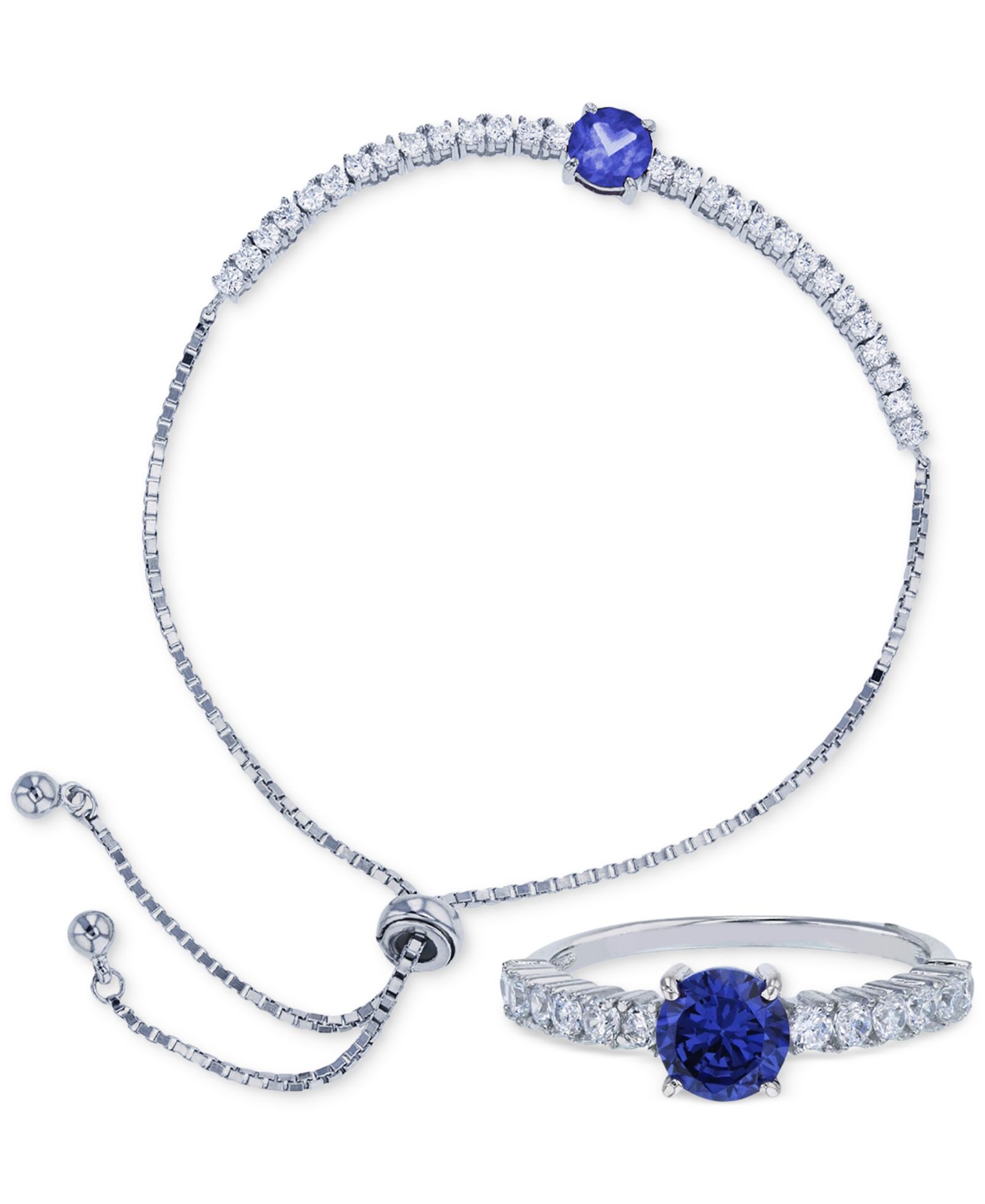 2-Pc. Set Blue & White Cubic Zirconia Ring & Bolo Bracelet in Sterling Silver