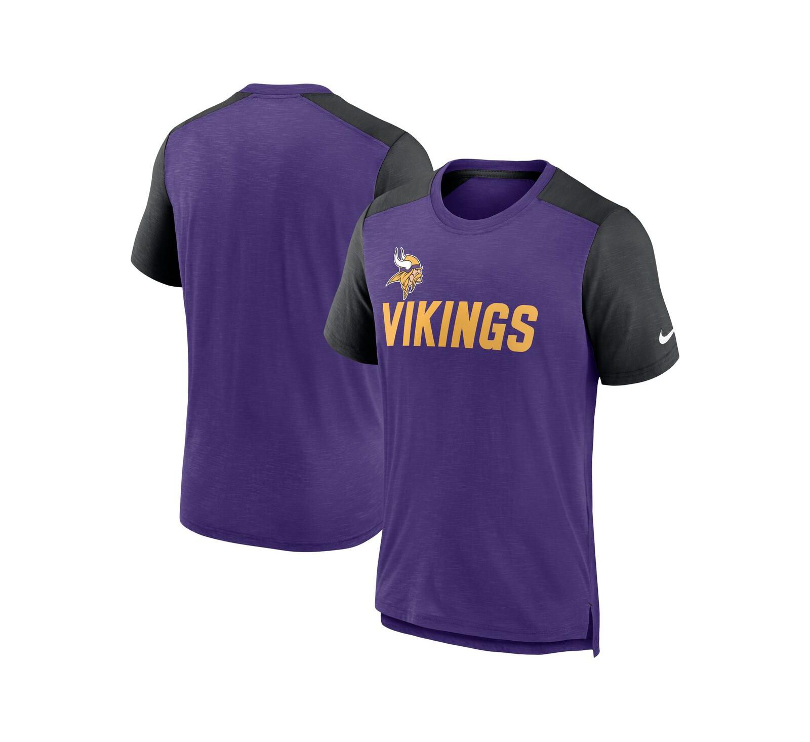 Men's Nike Heathered Purple, Heathered Black Minnesota Vikings Color Block Team Name T-shirt