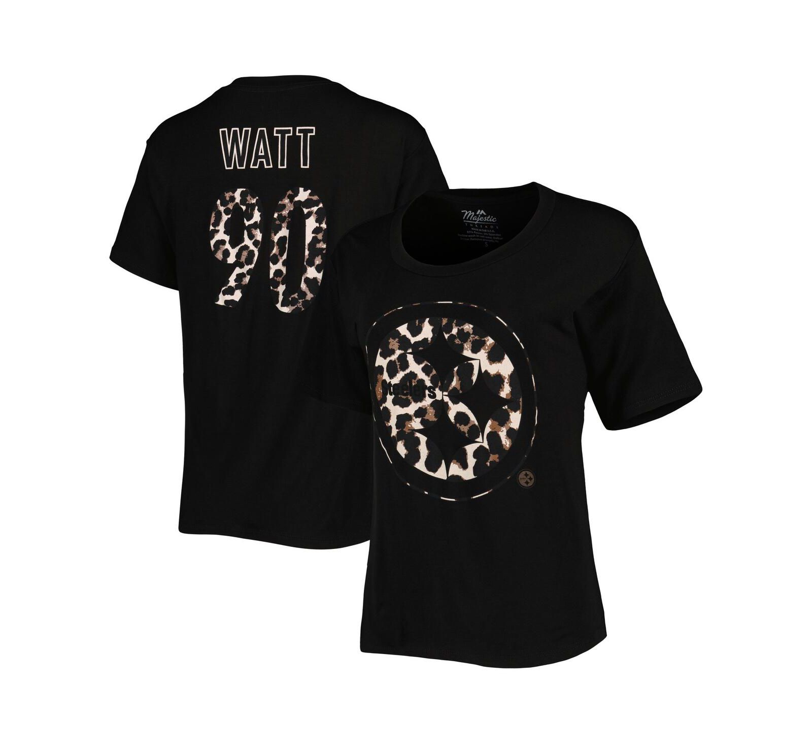 Женская футболка Majestic Threads T.J. Watt Black Pittsburgh Steelers Leopard Player Name and Number Tri-Blend